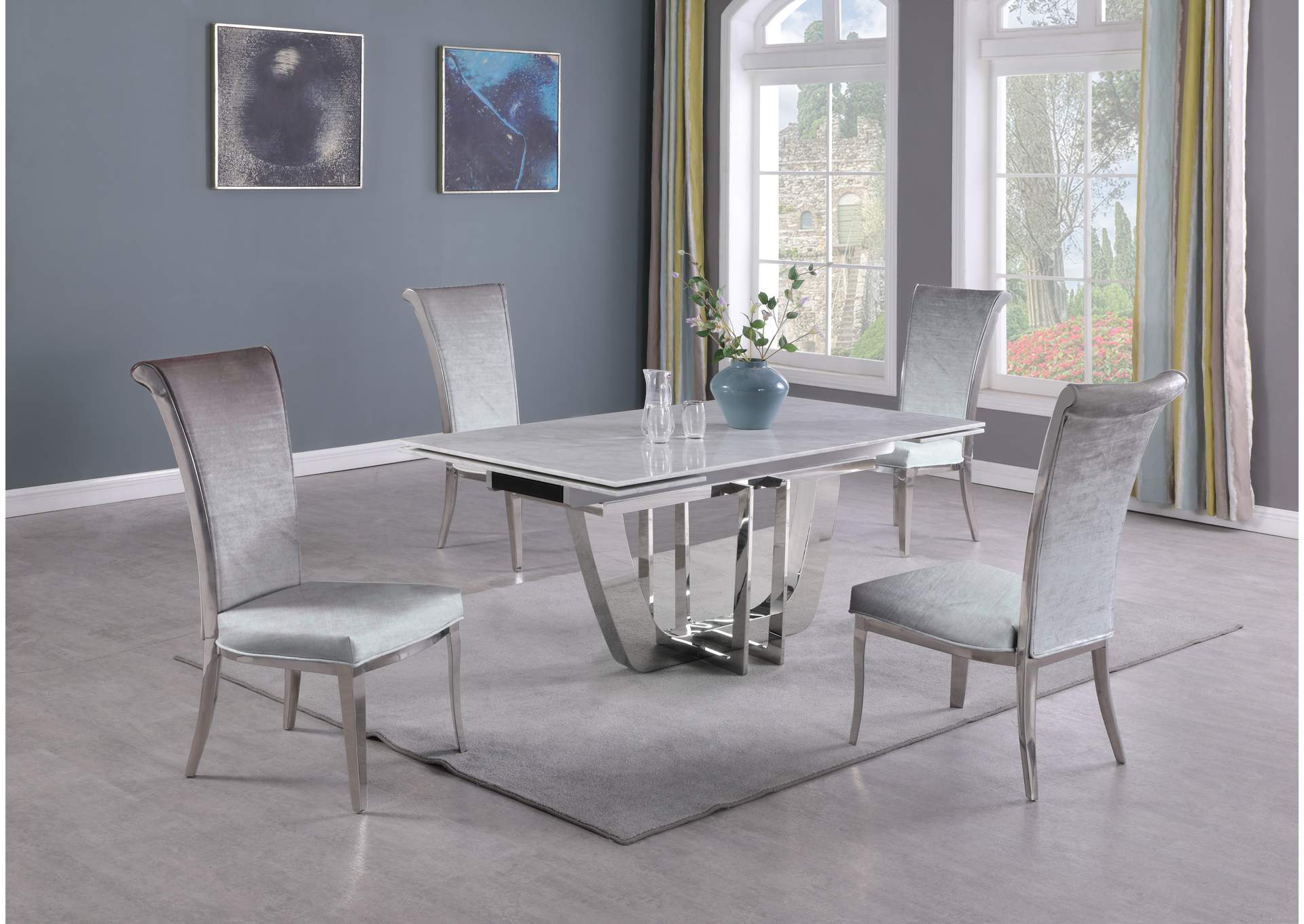 Dining Set With Extendable Carrara Marble Table & 4 High-Back Chairs image 1