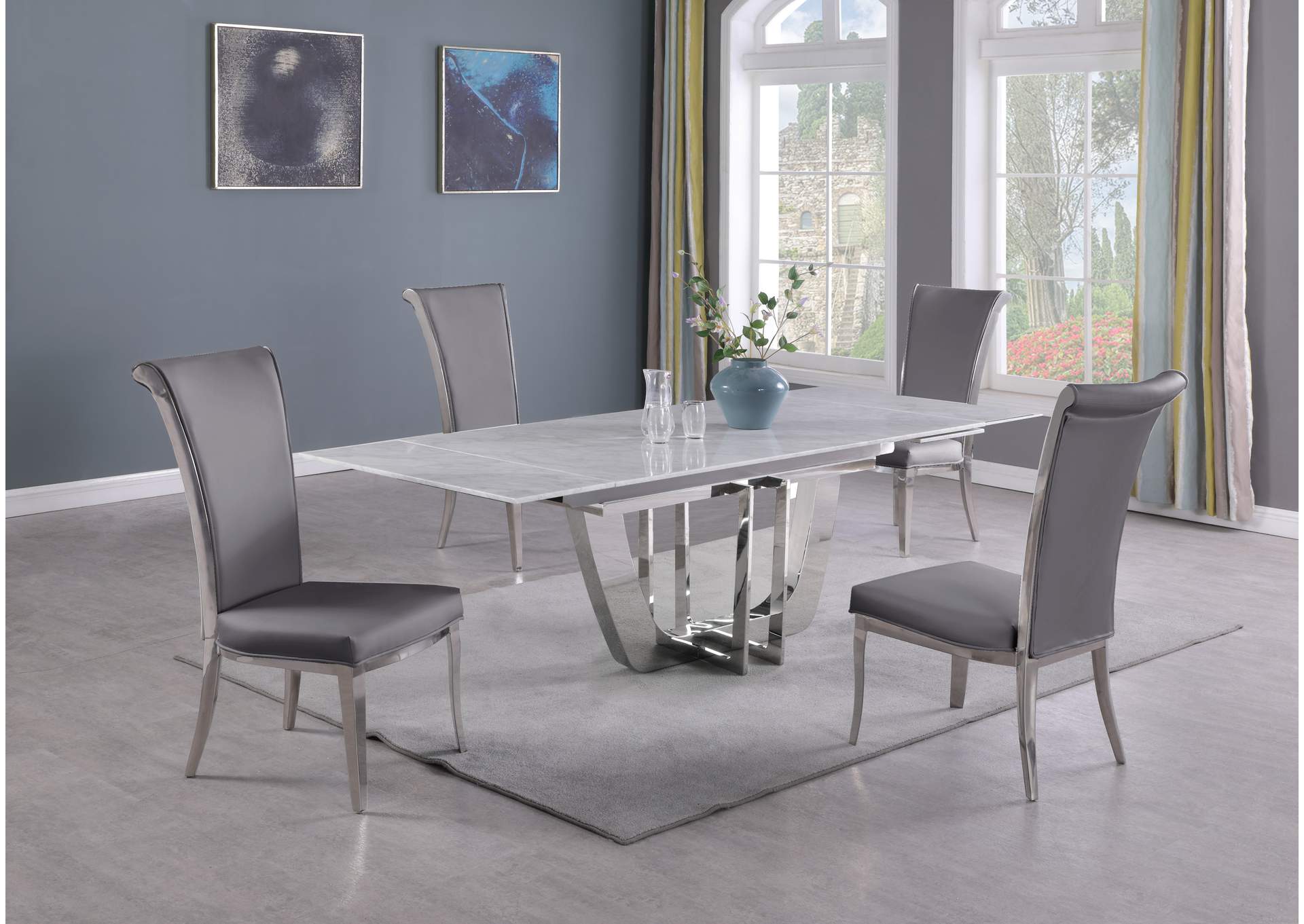 Dining Set With Extendable Carrara Marble Table & 4 High-Back Chairs image 4