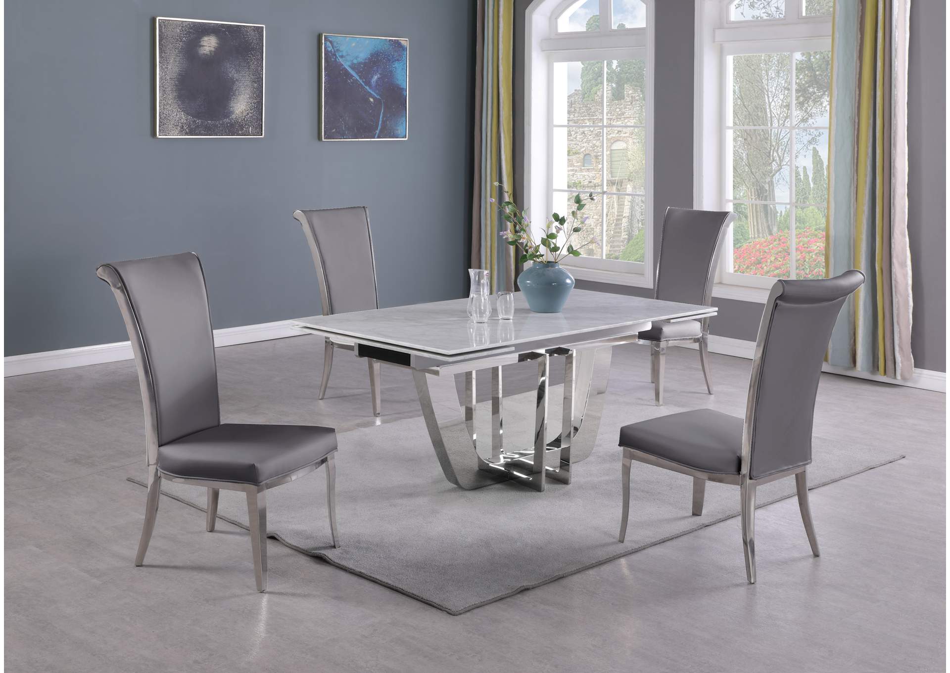 Dining Set With Extendable Carrara Marble Table & 4 High-Back Chairs image 1