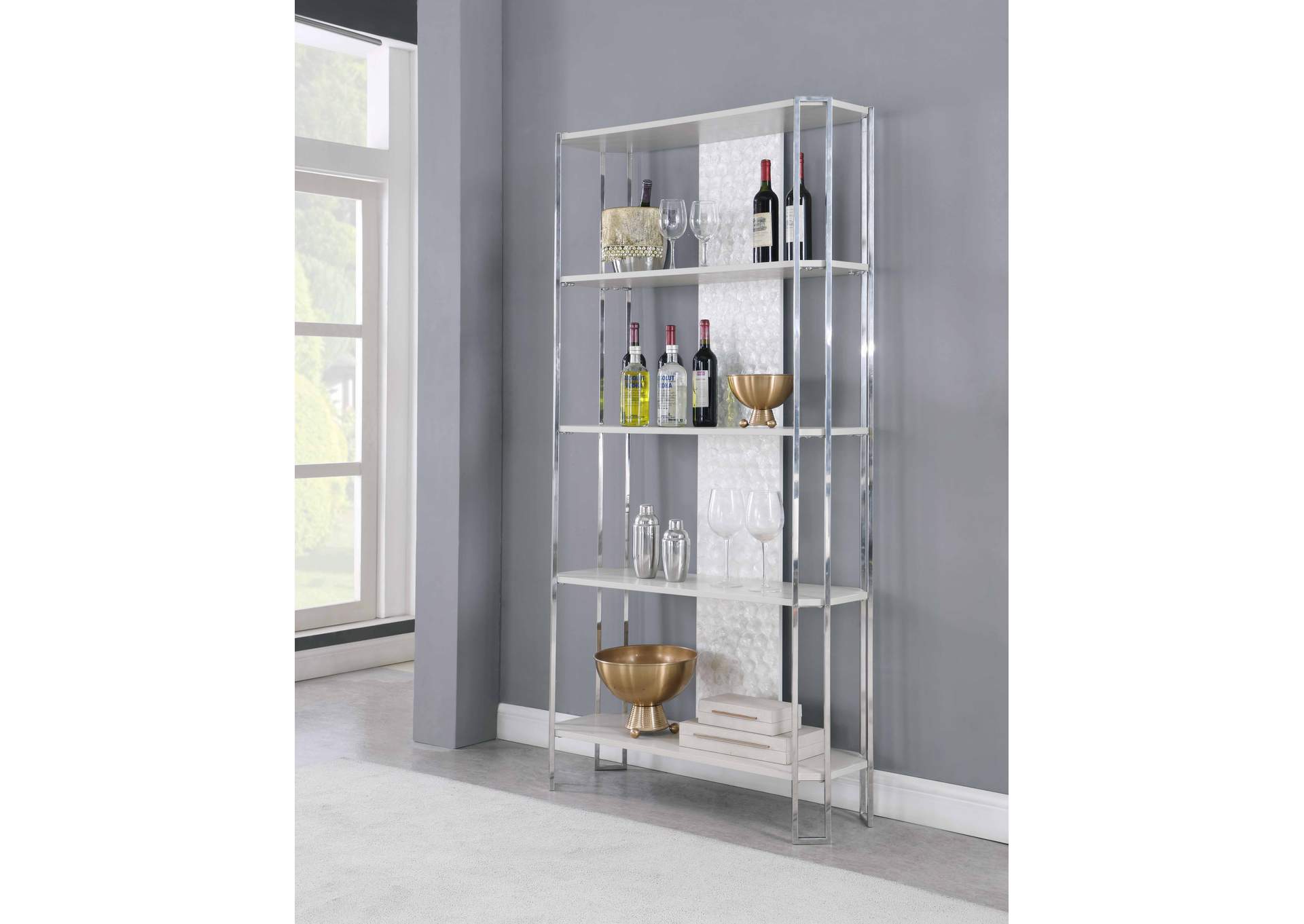 Contemporary Gray Bookshelf With Polished Steel Frame image 1