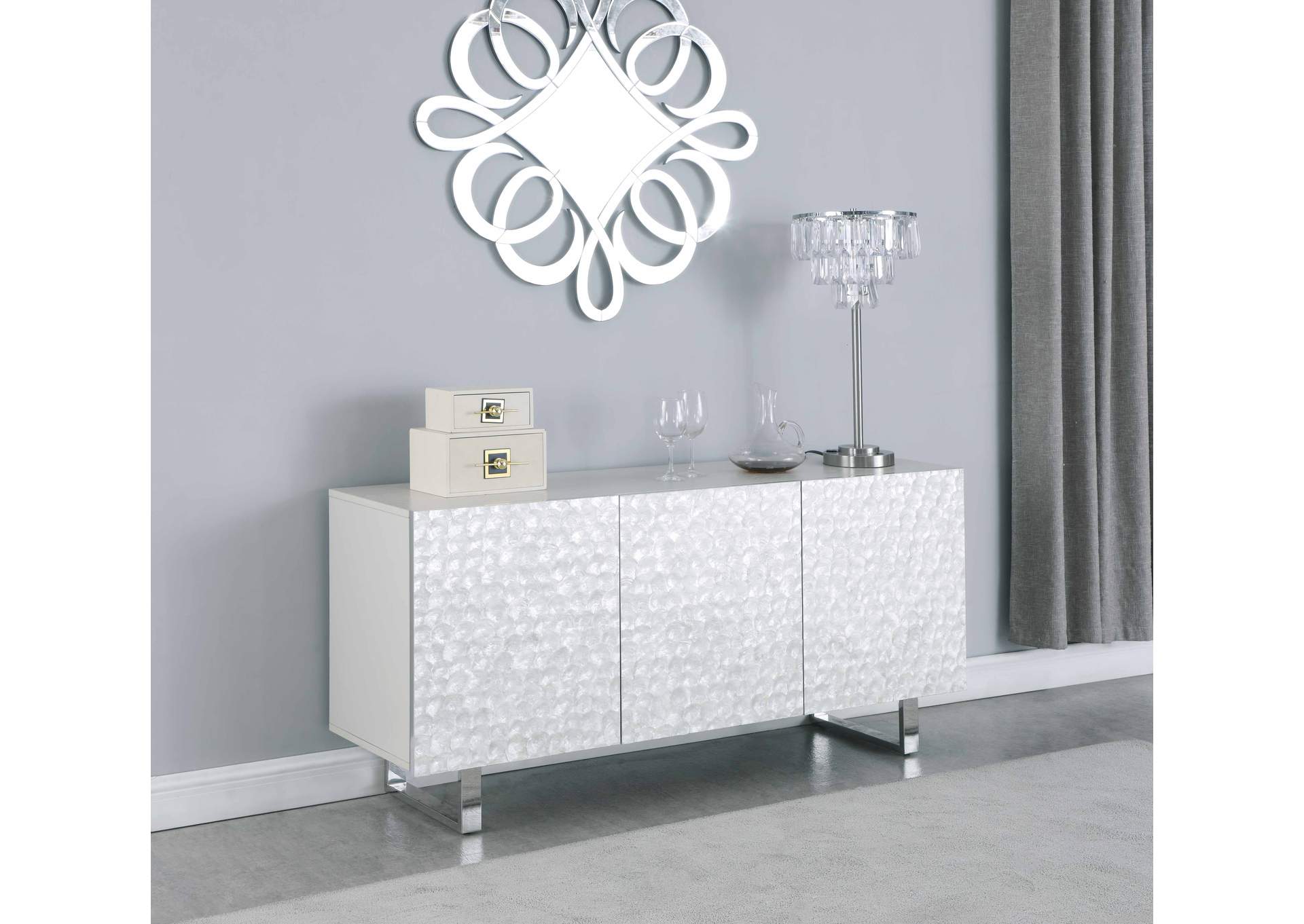 Contemporary Buffet With Steel Legs & Seashell Veneer Accents image 1