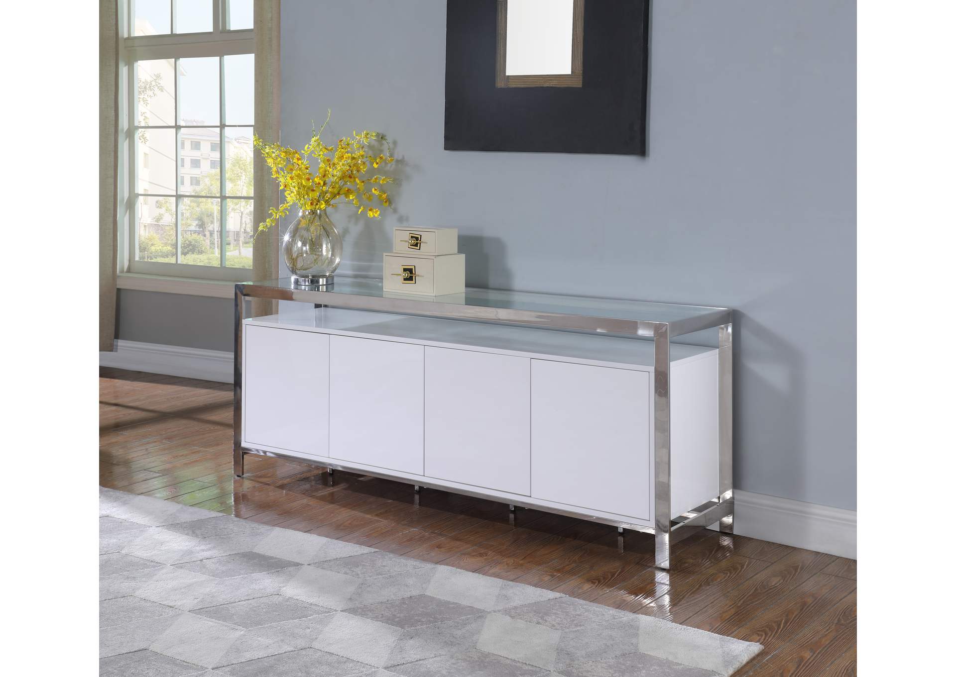 Modern White Buffet With Stainless Steel & Tempered Glass Top image 1