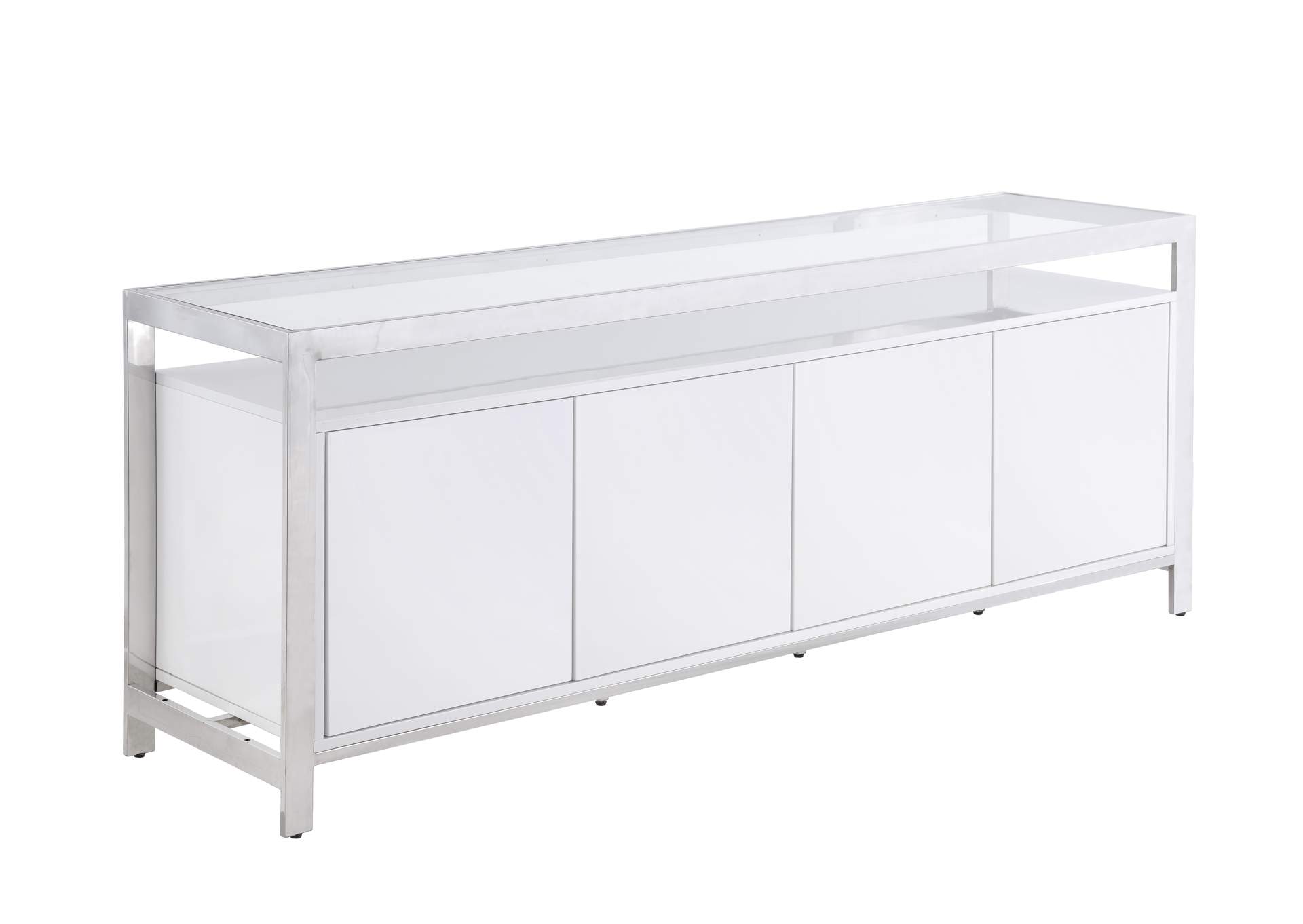 Modern White Buffet With Stainless Steel & Tempered Glass Top image 3