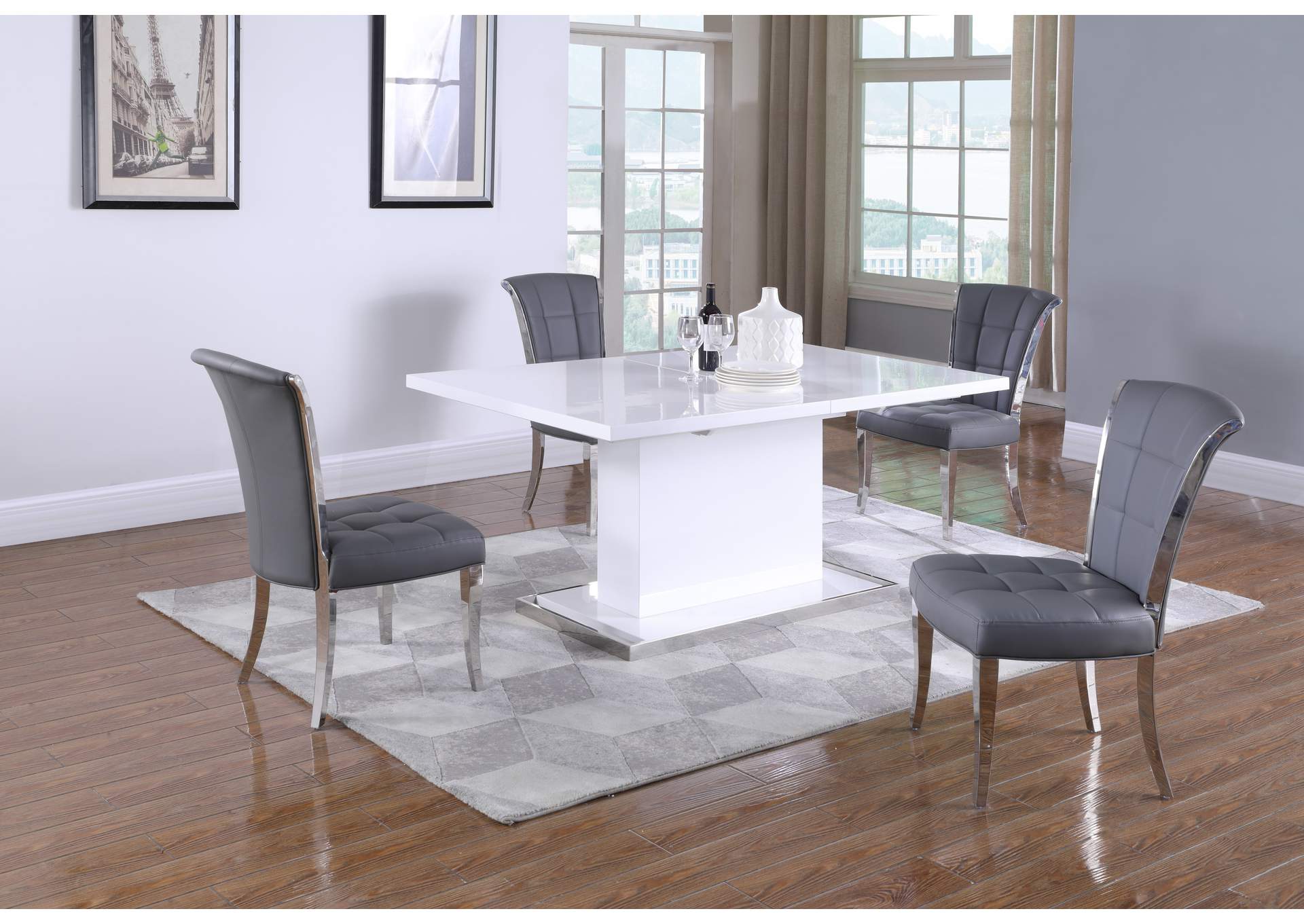 Modern Dining Set With Extendable White Table & Gray Chairs