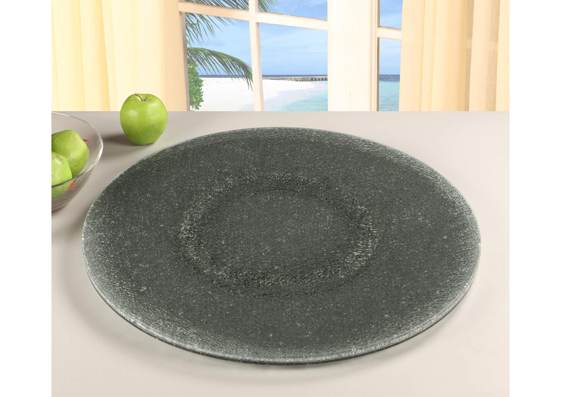 24” Round Gray Crackled Glass Lazy Susan image 1