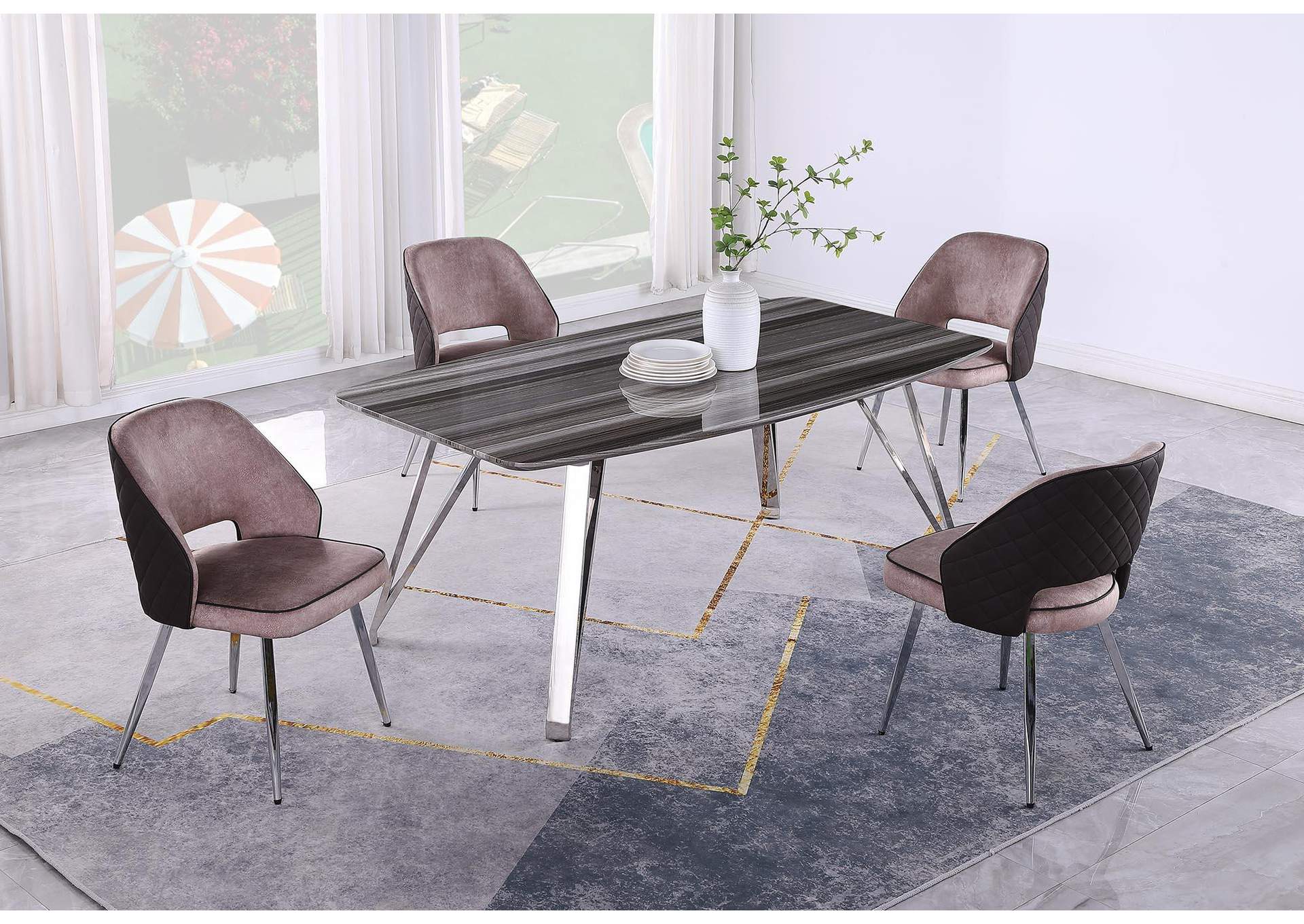 Contemporary Dining Set With Marbleized Wooden Table & Four 2-Tone Chairs image 1