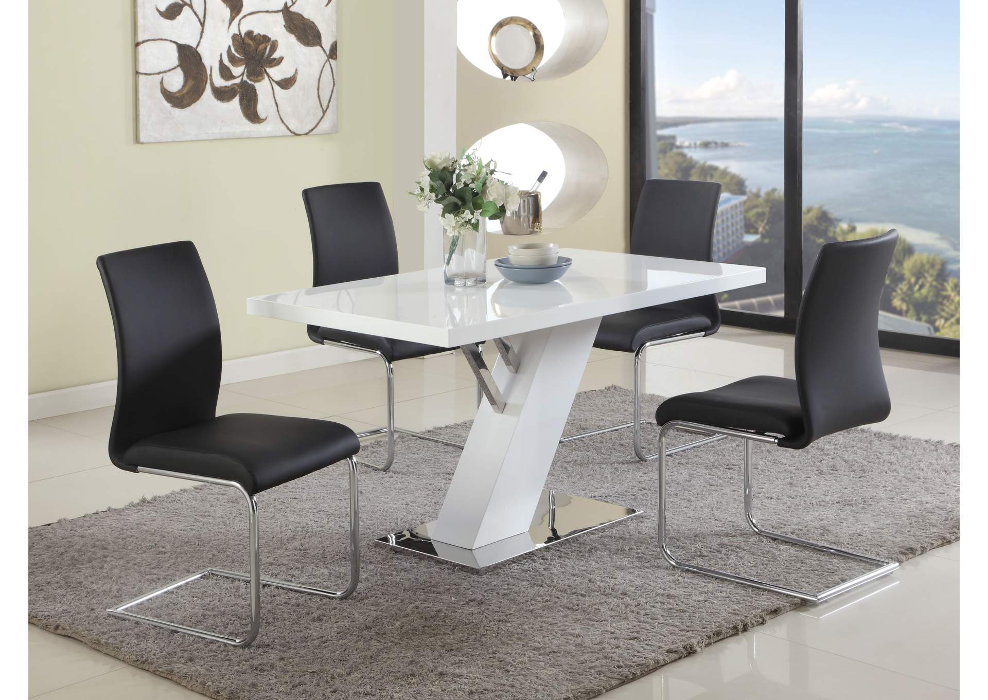 Contemporary Dining Set With White Gloss Table & Black Upholstered Chairs image 1