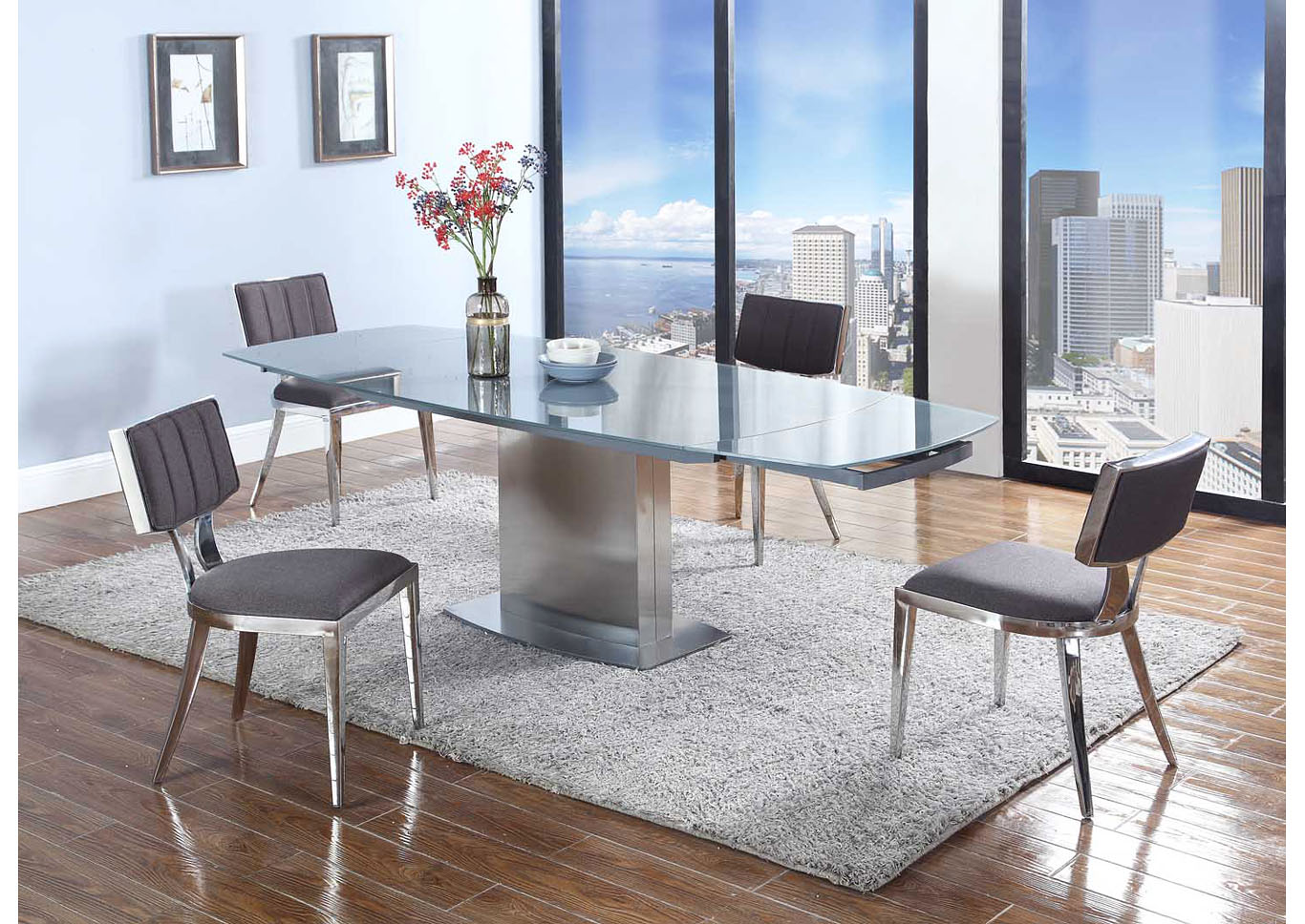 Contemporary Dining Set With Extendable Gray Glass Table & Upholstered Chairs image 1