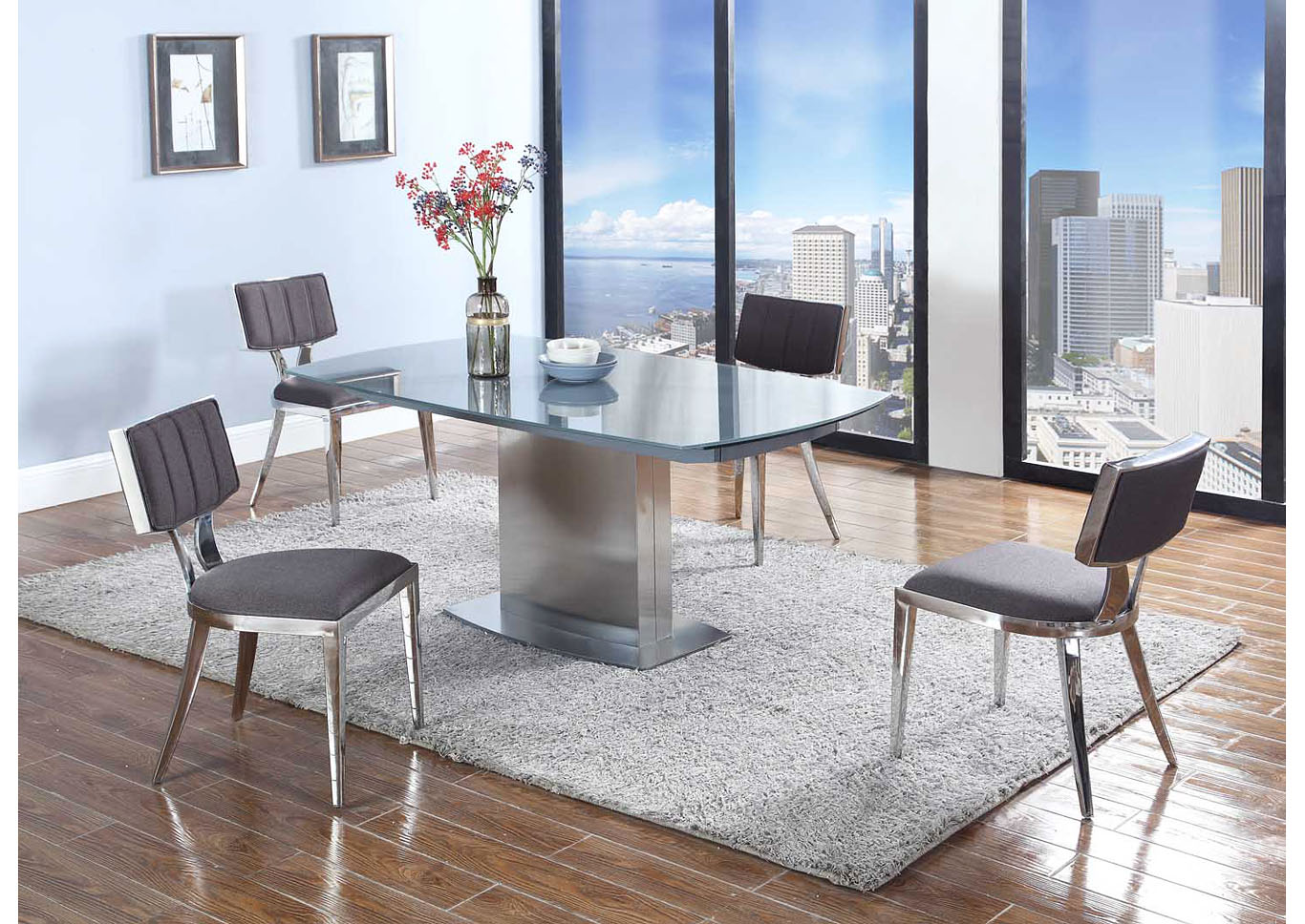 Contemporary Dining Set With Extendable Gray Glass Table & Upholstered Chairs image 3