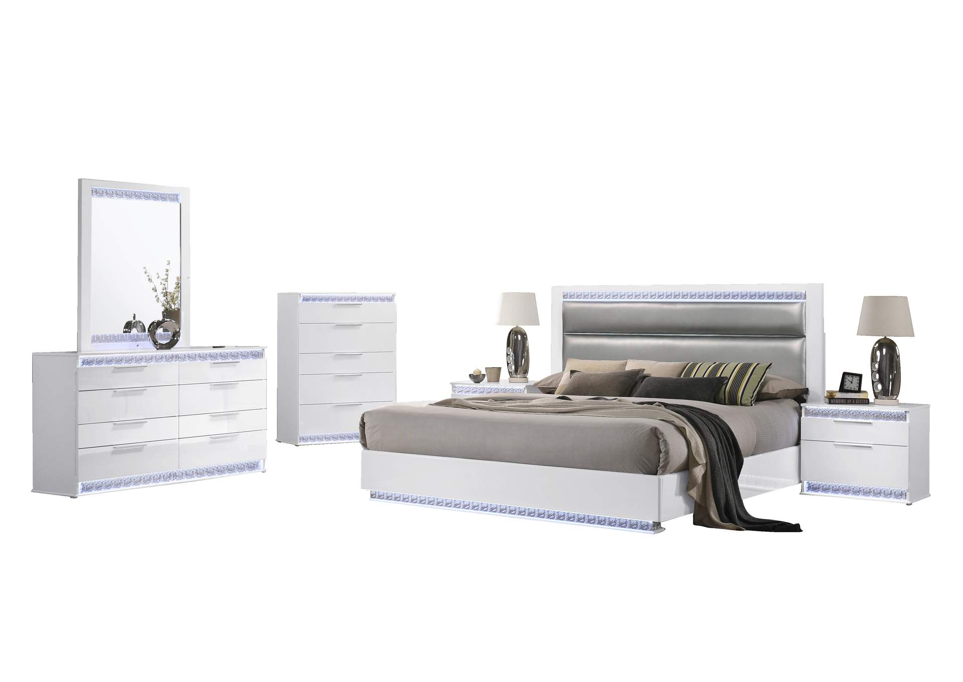 Modern High Gloss White 4 Pc. King Bedroom Set With Led Lighting image 3
