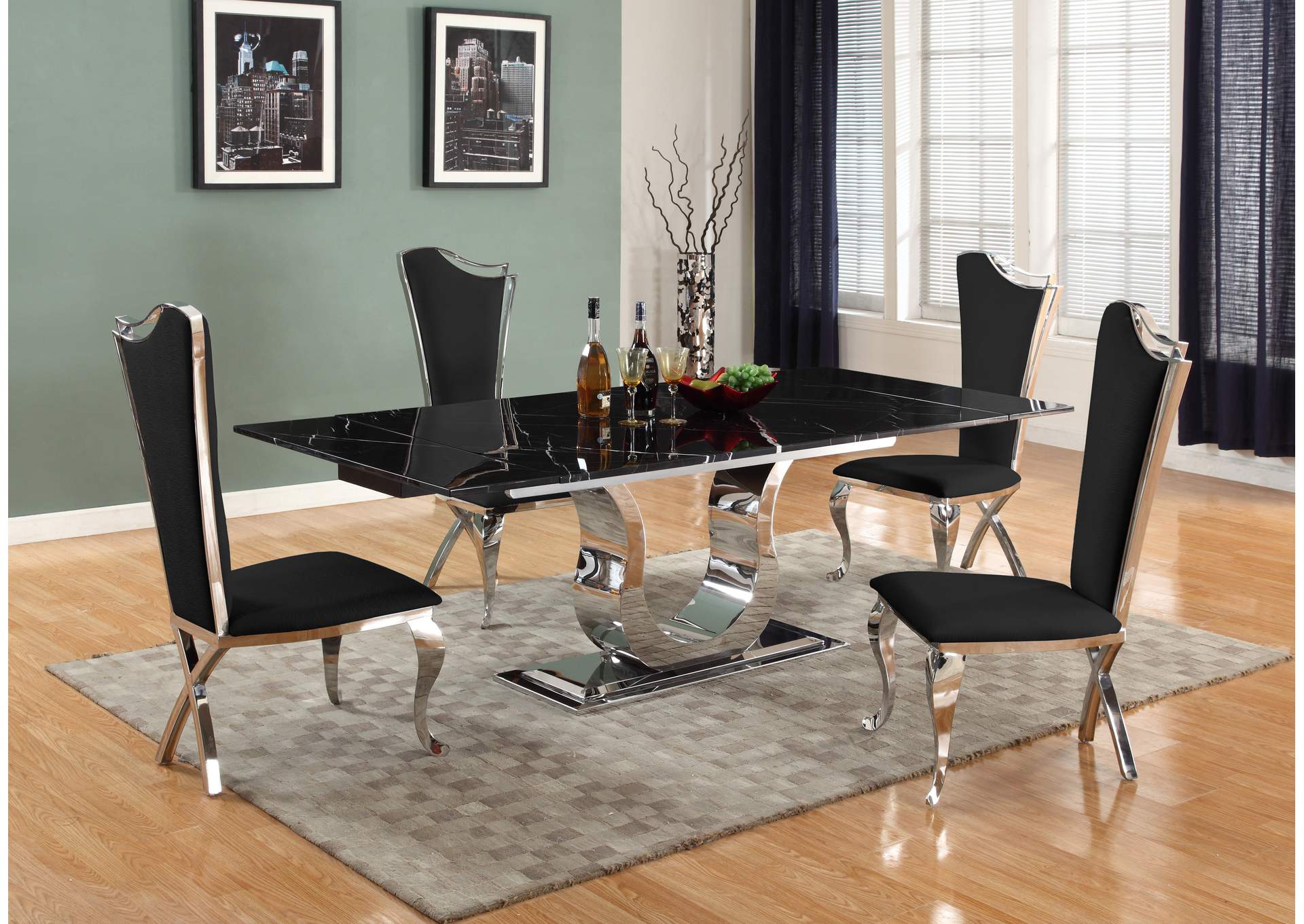Contemporary Dining Set With Extendable Marble Table & 4 Black Chairs image 1