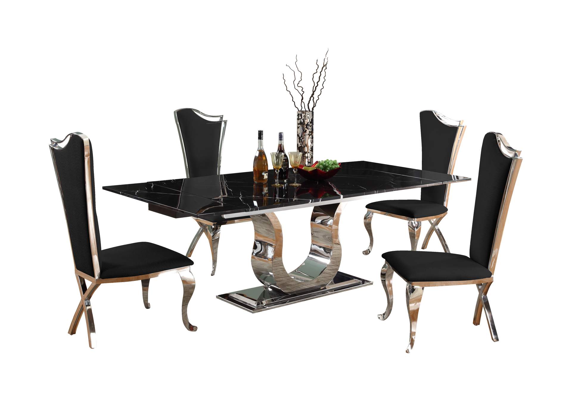 Contemporary Dining Set With Extendable Marble Table & 4 Black Chairs image 3