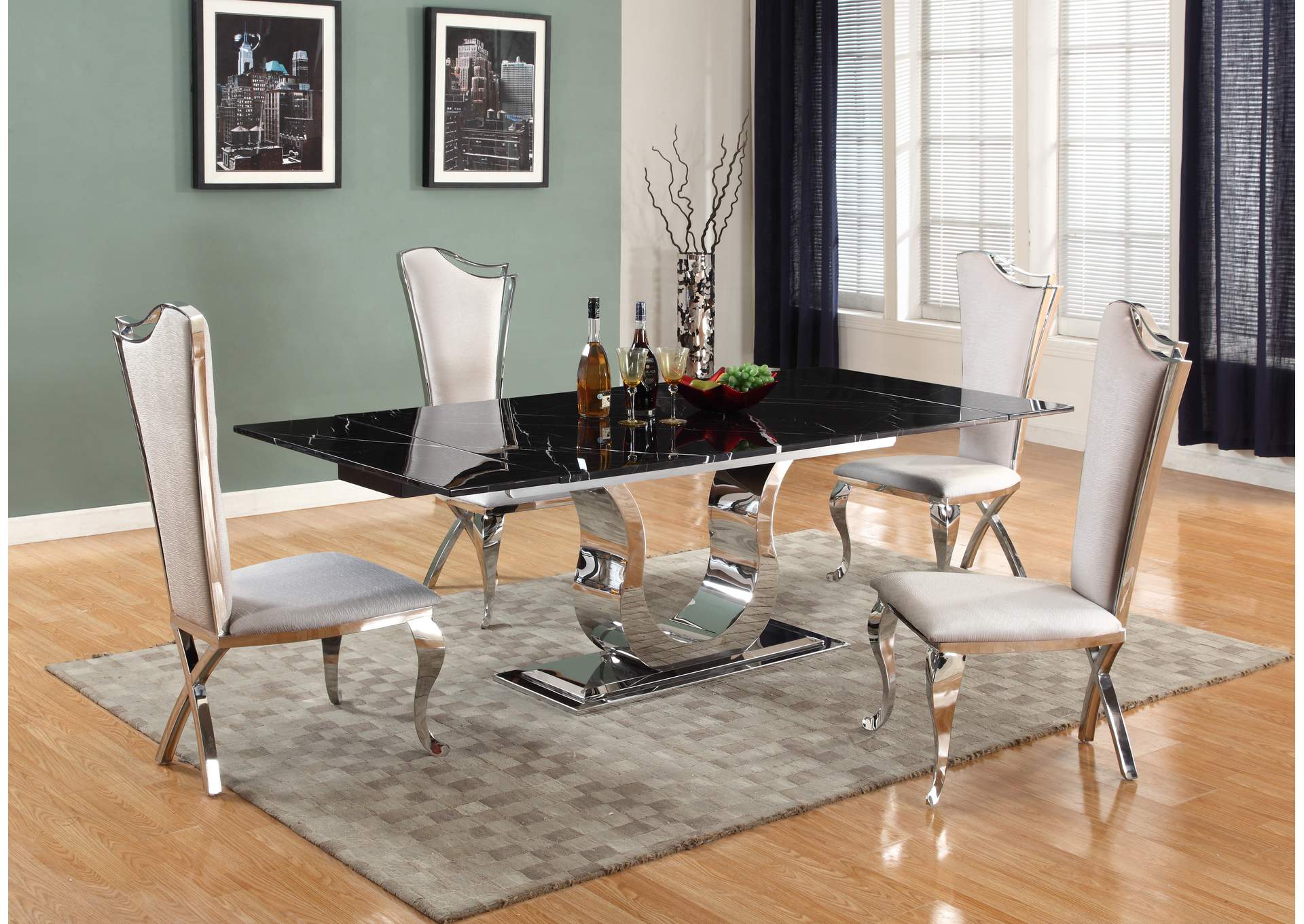 Contemporary Dining Set With Extendable Marble Table & 4 White Chairs image 1