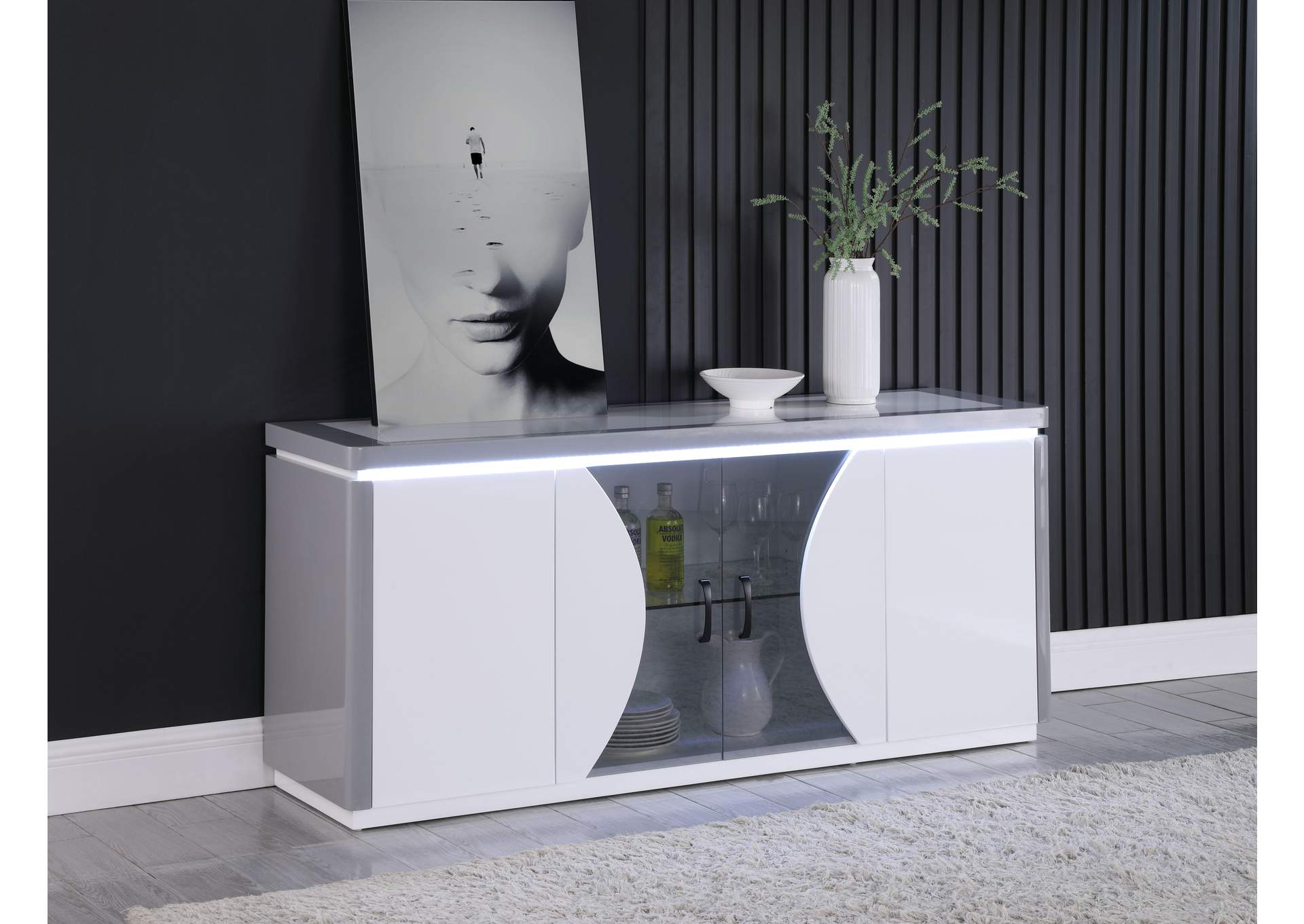 2-Tone Contemporary Buffet With Tinted Glass Doors & Led Light