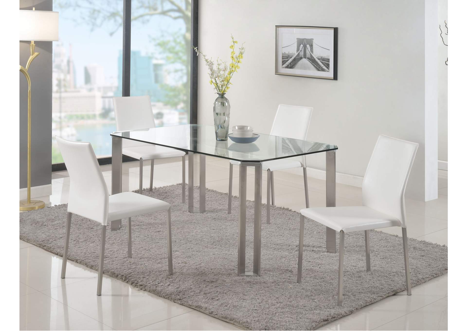 Dining Set With Glass Top Table & 4 Stackable Chairs