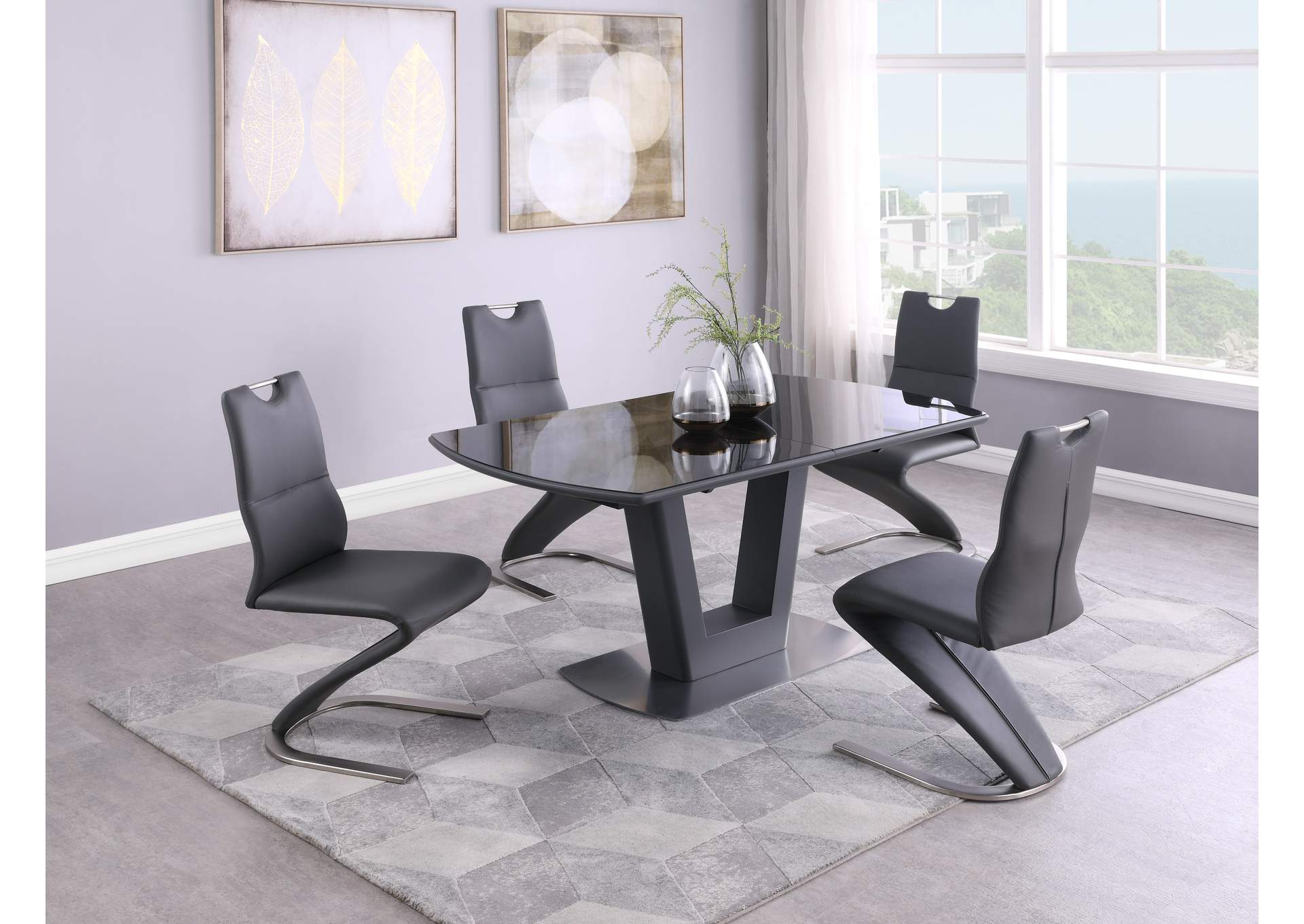 Contemporary Dining Set With Extendable Glass Table & Z-Shaped Chairs