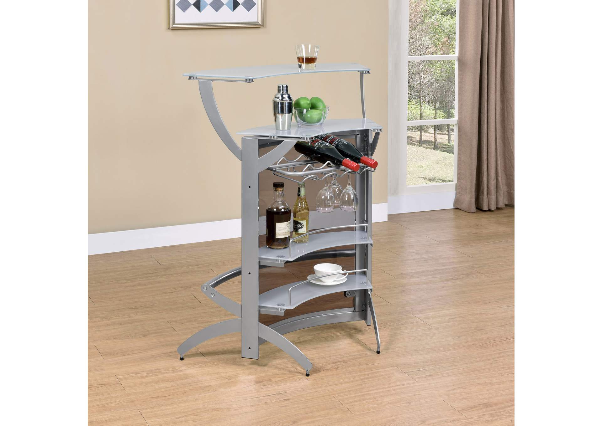 Dallas 2-shelf Curved Freestanding Home Bar Cabinet Silver