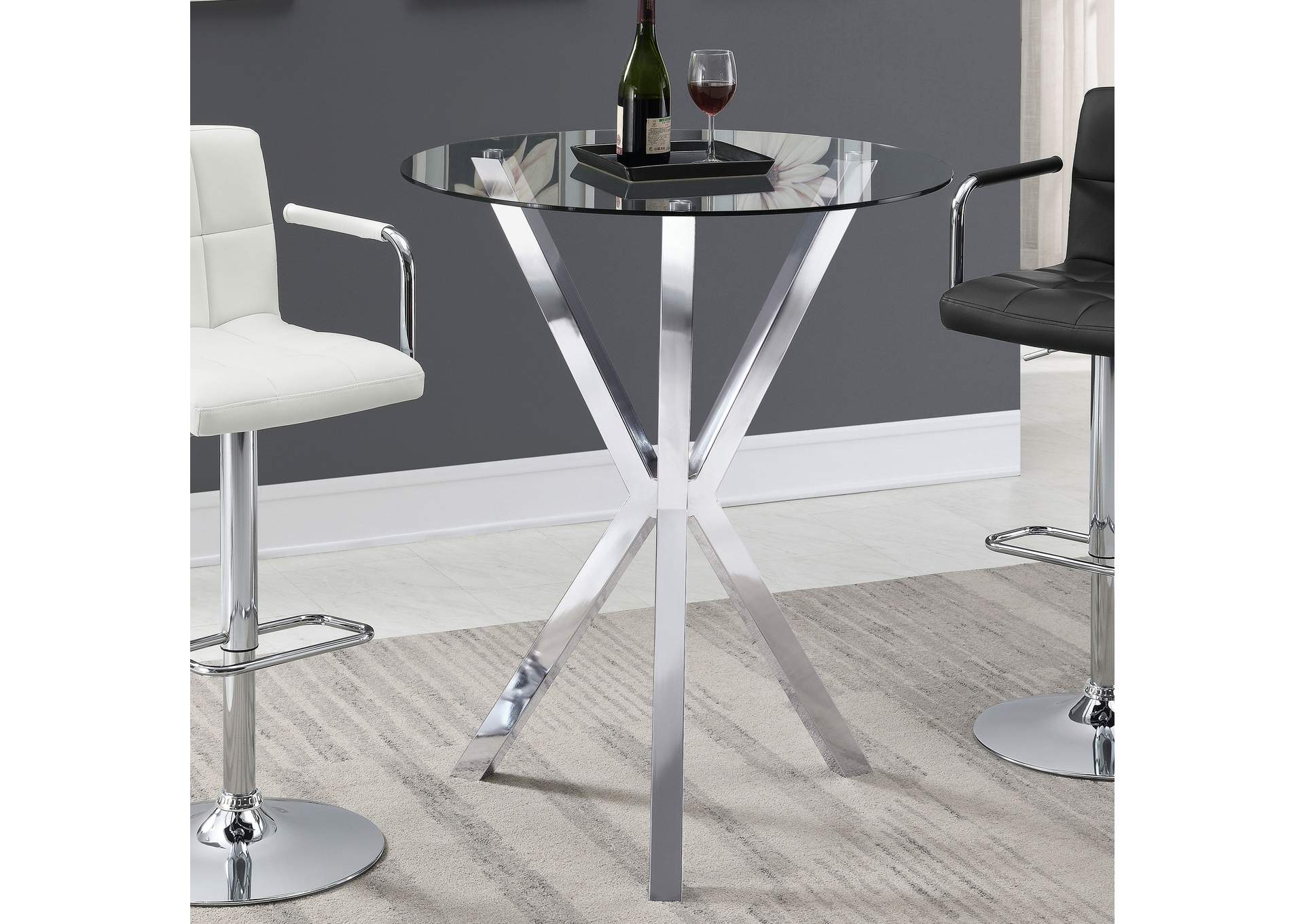 thumbnail interactive-video image 1 of Modern Chrome Bar Table With Glass Top - Contemporary Bistro Style For Kitchen & Dining 1 of 4