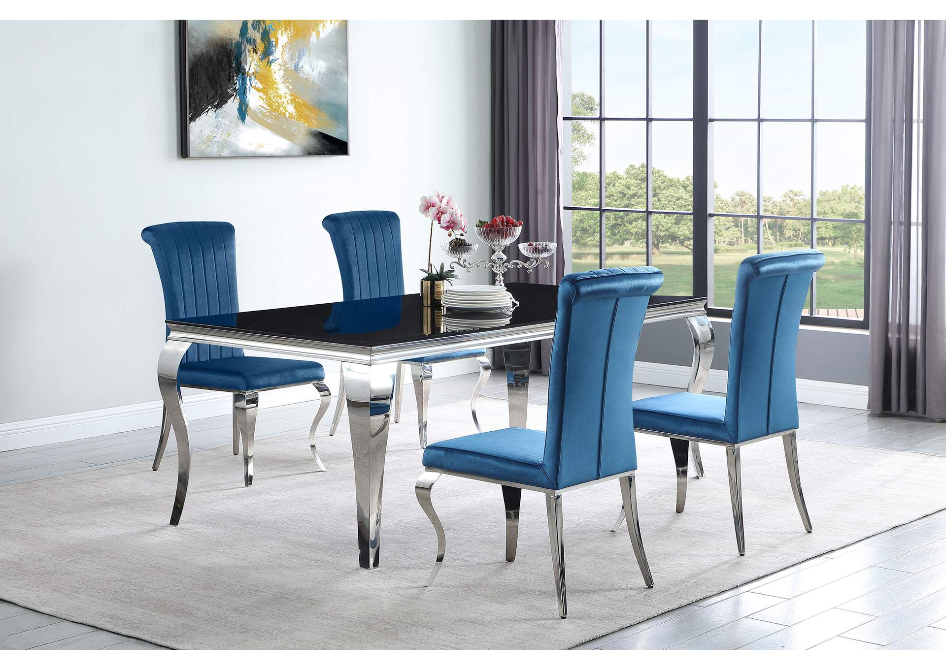 Carone 5-piece 81-inch Rectangular Black Glass Dining Set Teal
