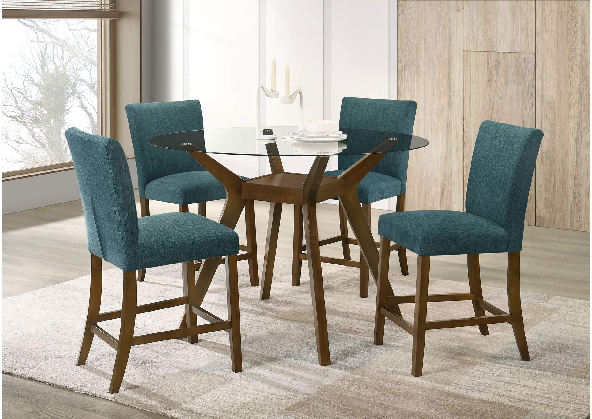 Paxton 5-piece Round Glass Top Counter Height Dining Set Teal Blue image 1