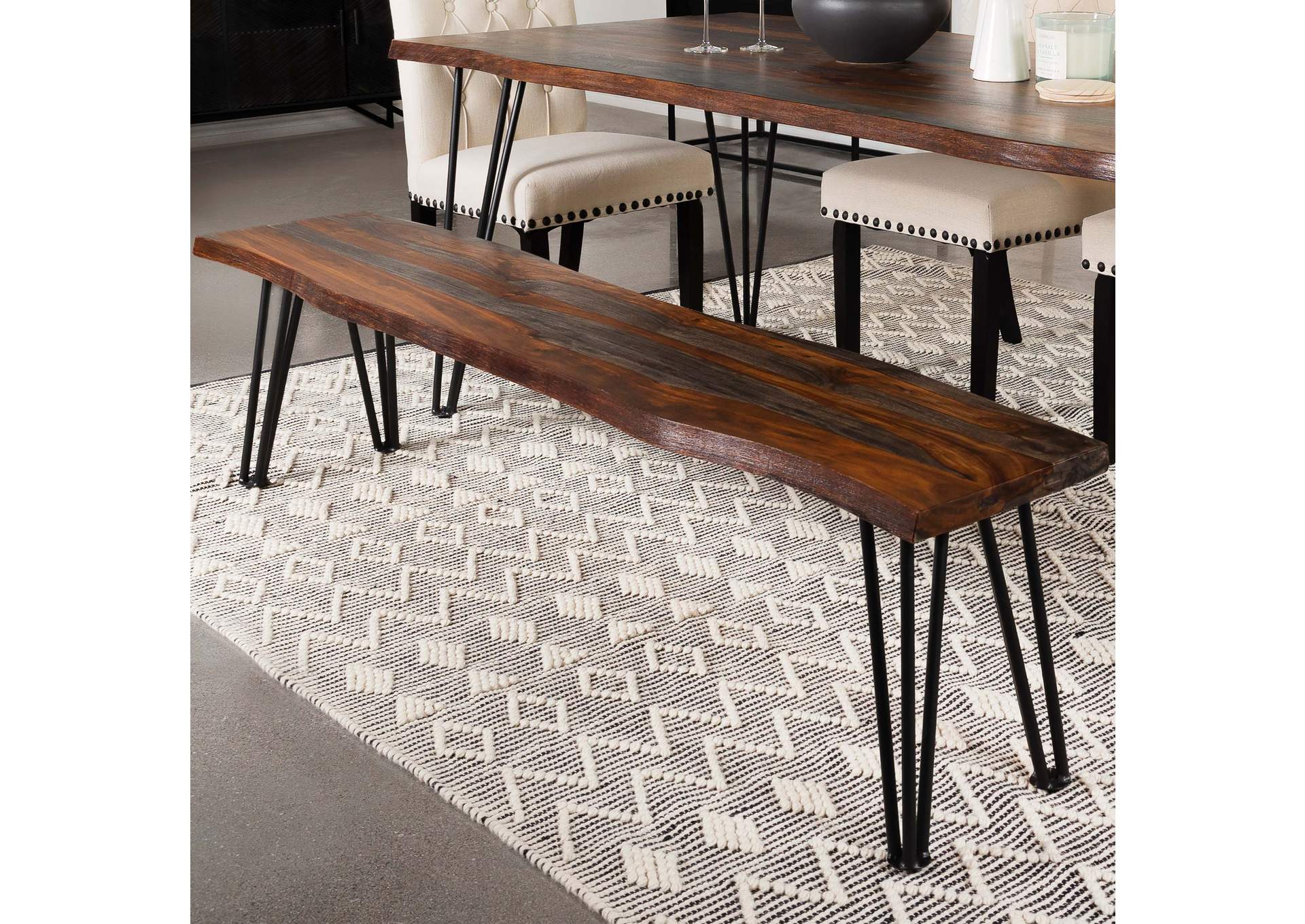 Neve Live Edge Wood Dining Bench Hairpin Legs Grey Sheesham