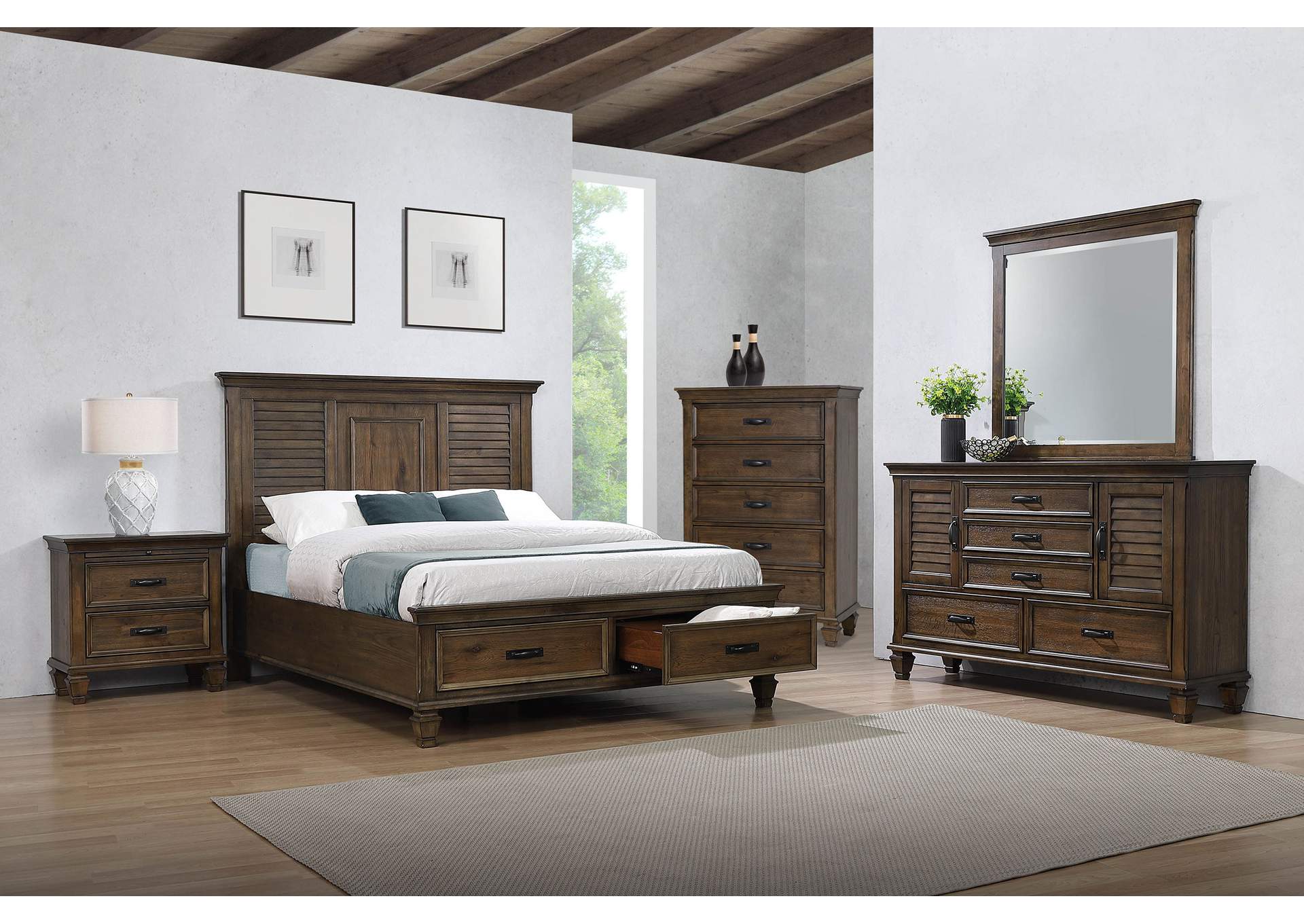 Devon 5piece Upholstered Eastern King Bedroom Set Beige and Burnished Oak