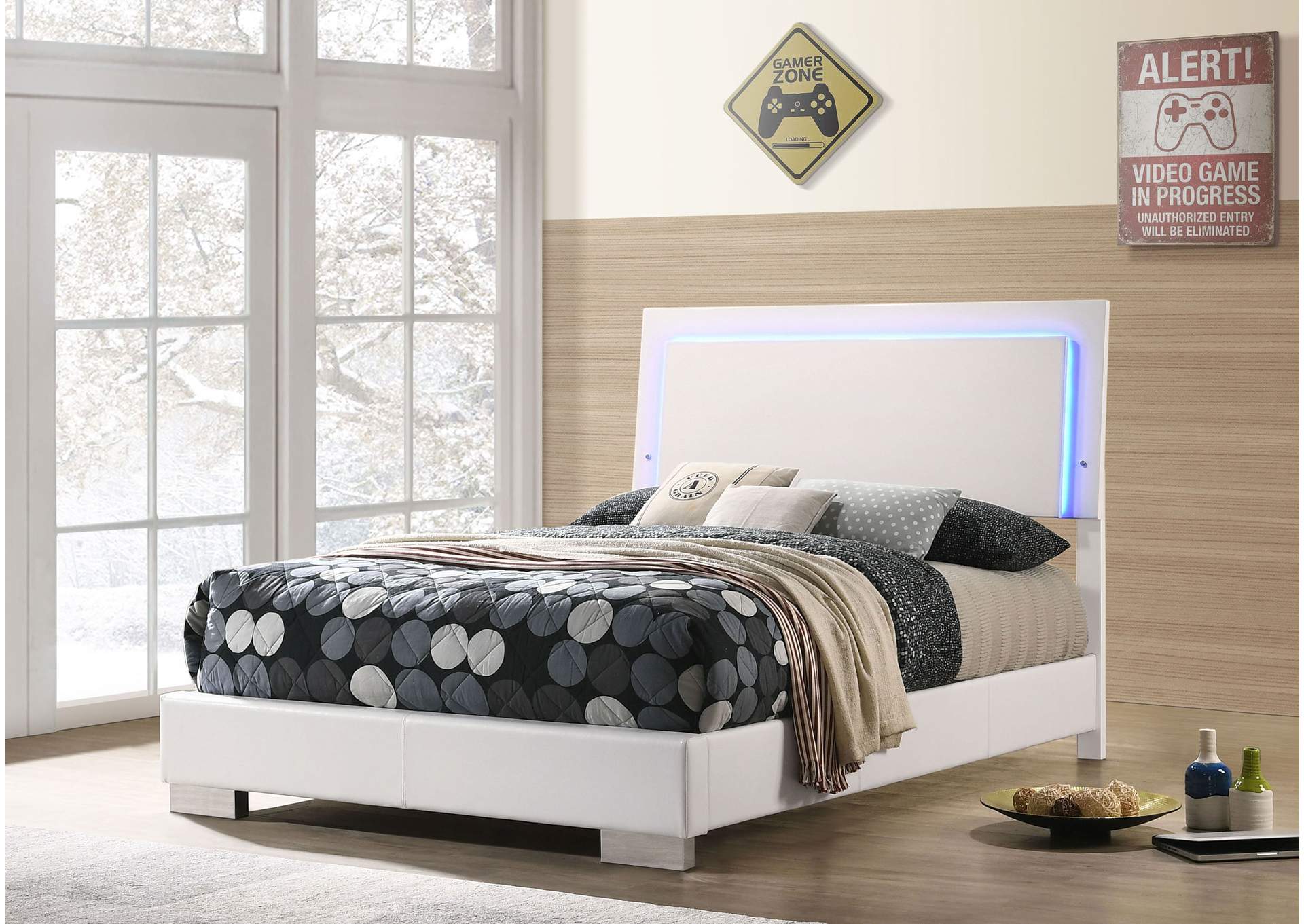 Felicity Full Panel Bed with LED Lighting Glossy White