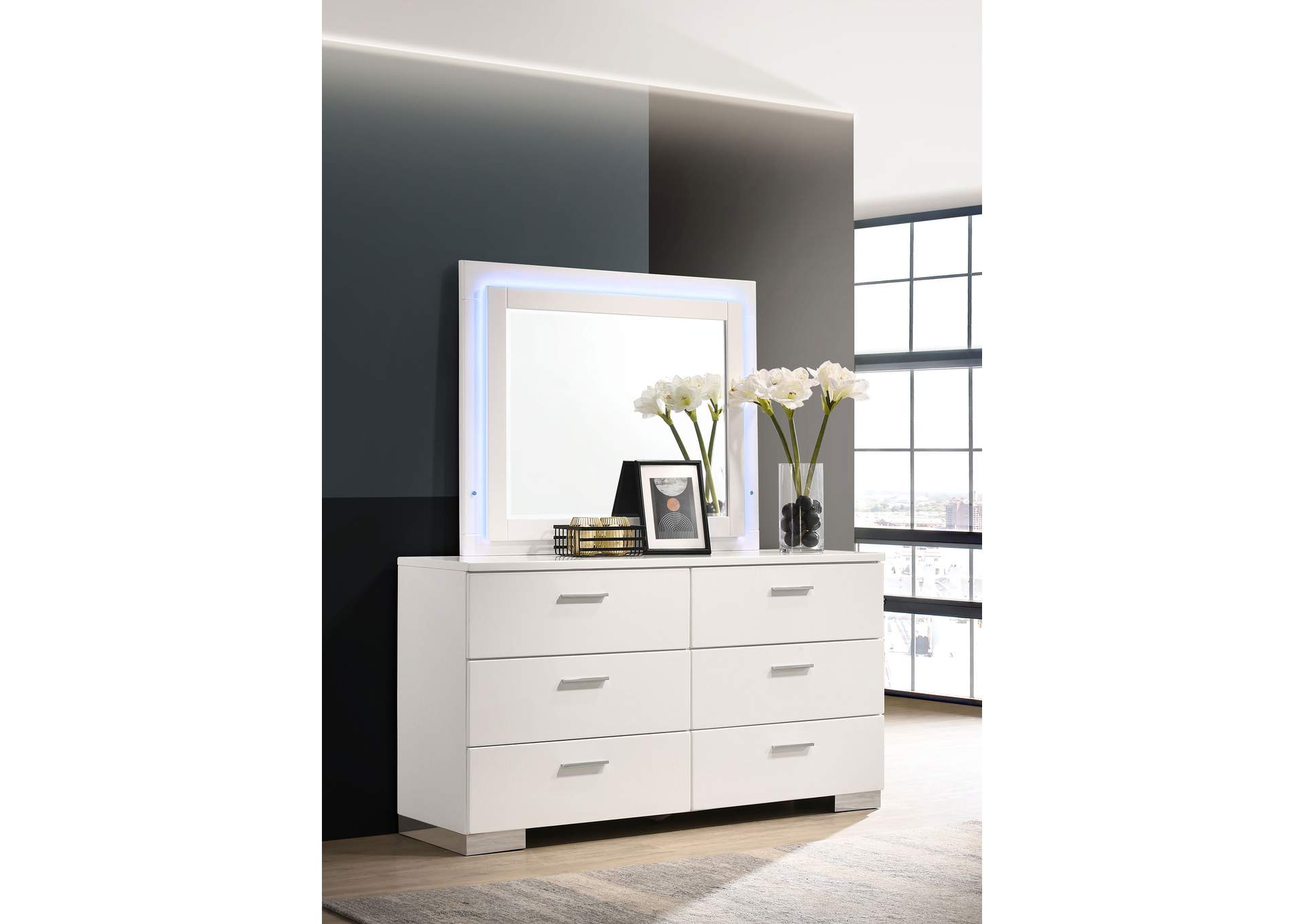 Felicity 6-drawer Dresser with LED Mirror White High Gloss