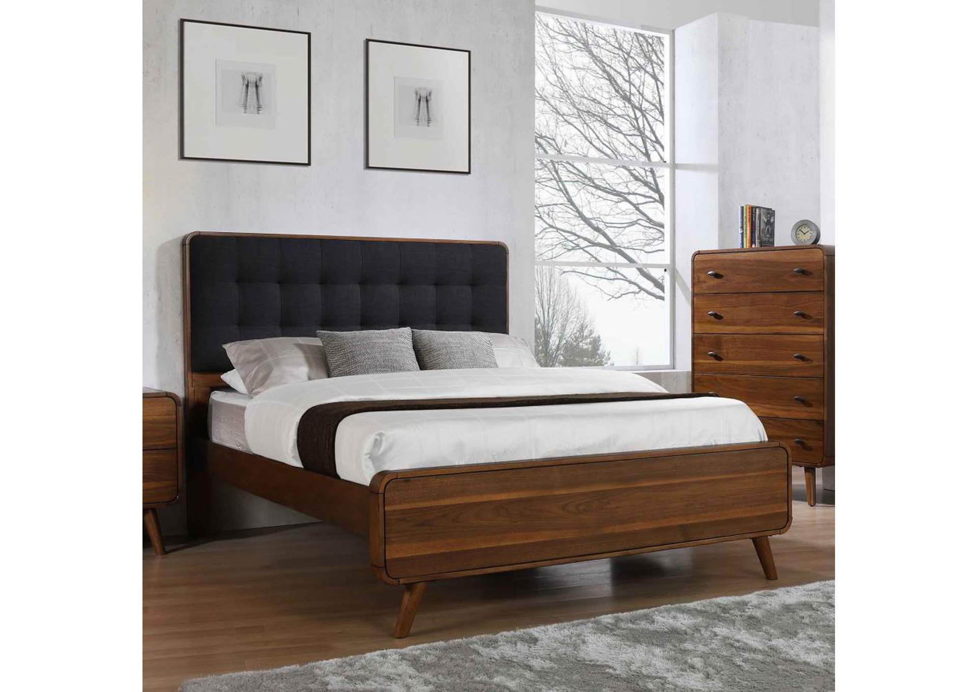 Robyn Eastern King Bed with Upholstered Headboard Dark Walnut