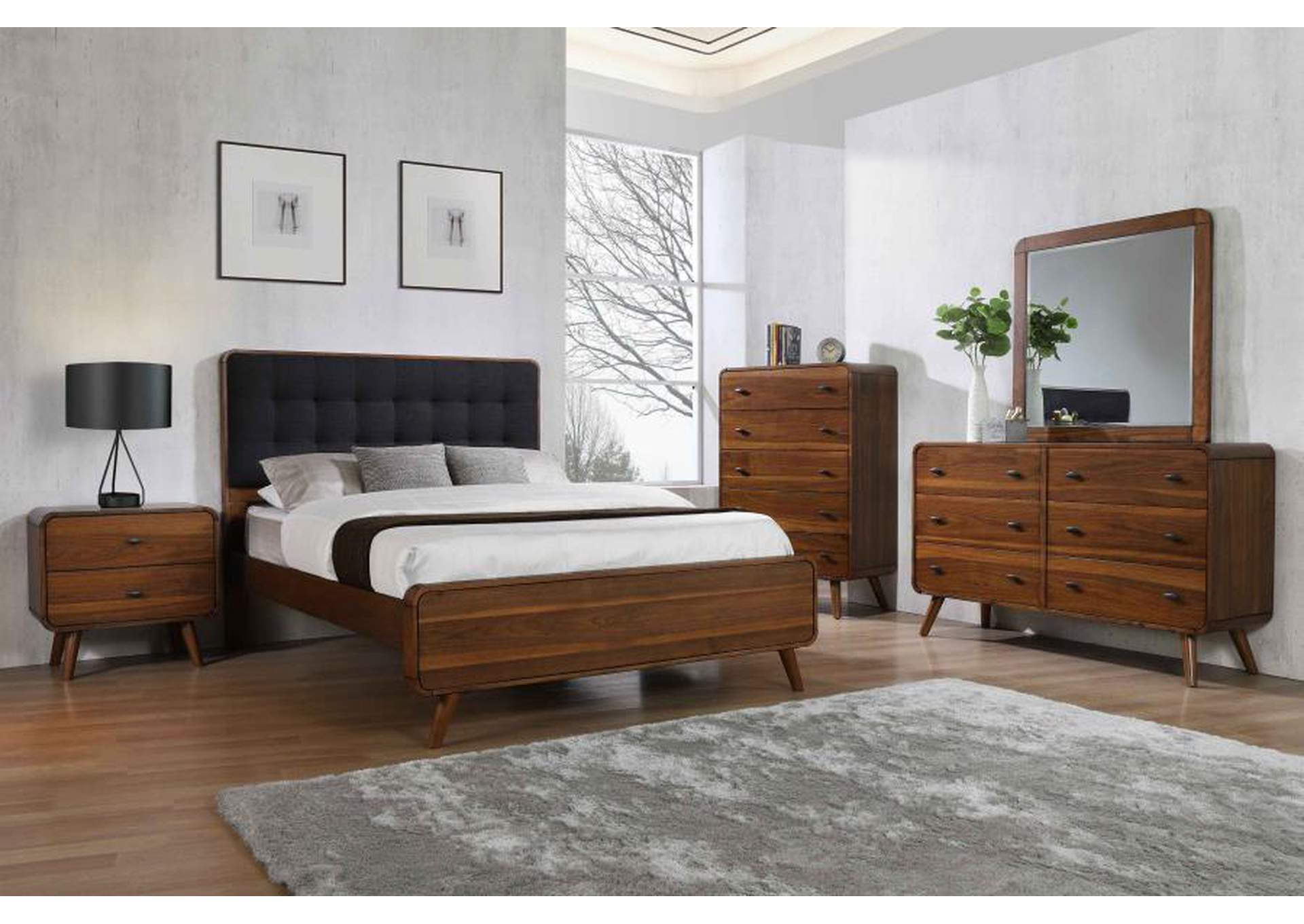Robyn Eastern King Bed with Upholstered Headboard Dark Walnut