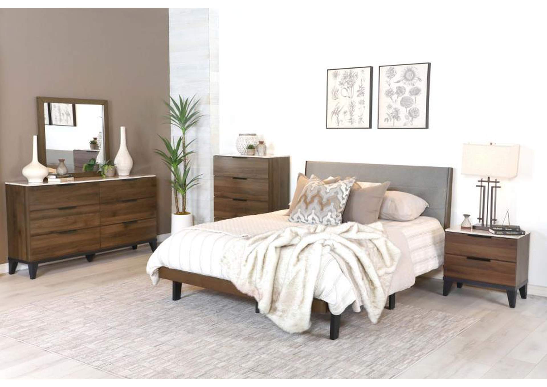 Mays 5-piece Upholstered Eastern King Bedroom Set Walnut Brown and Grey image 1