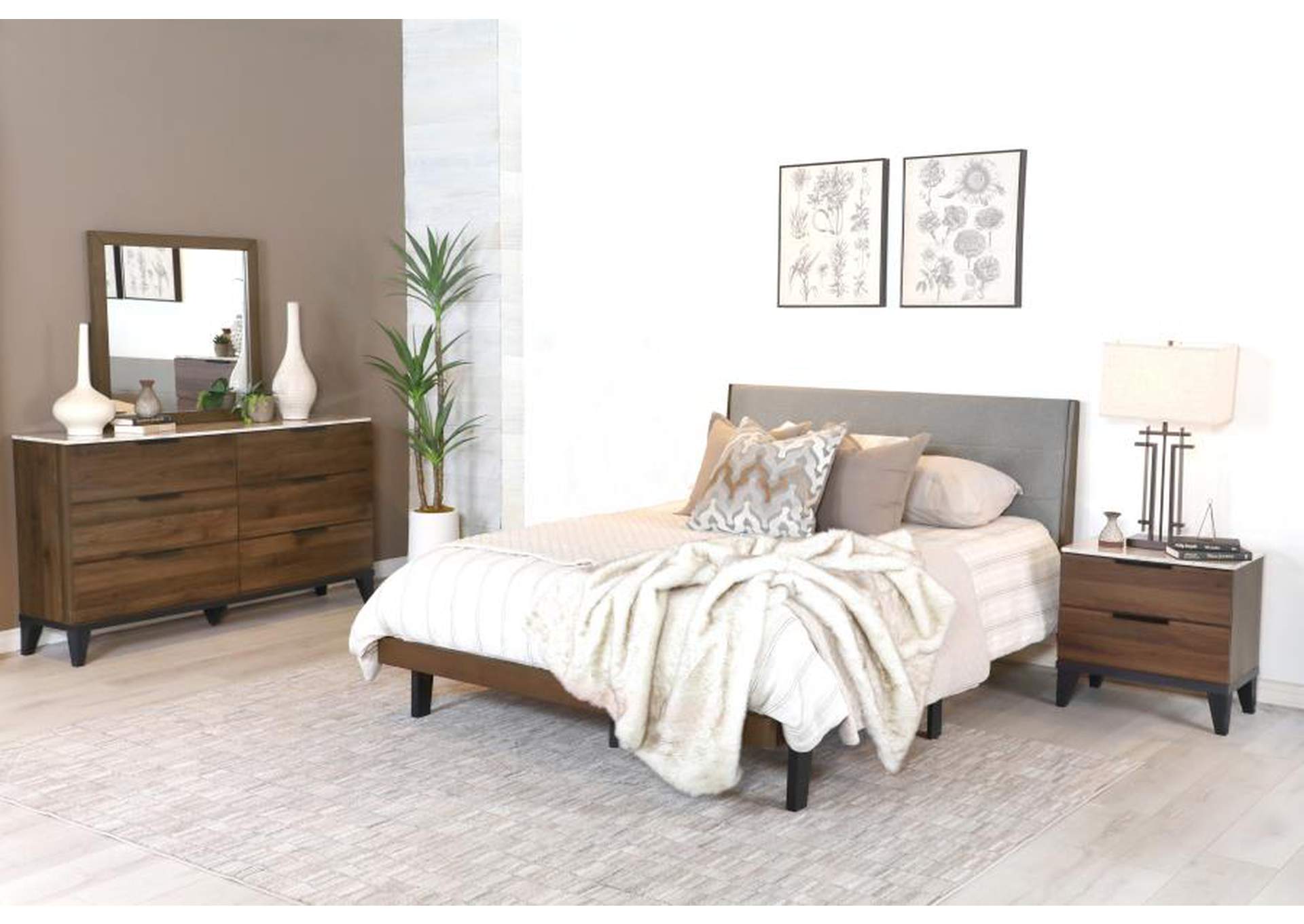 Mays 4-piece Upholstered Queen Bedroom Set Walnut Brown and Grey image 1