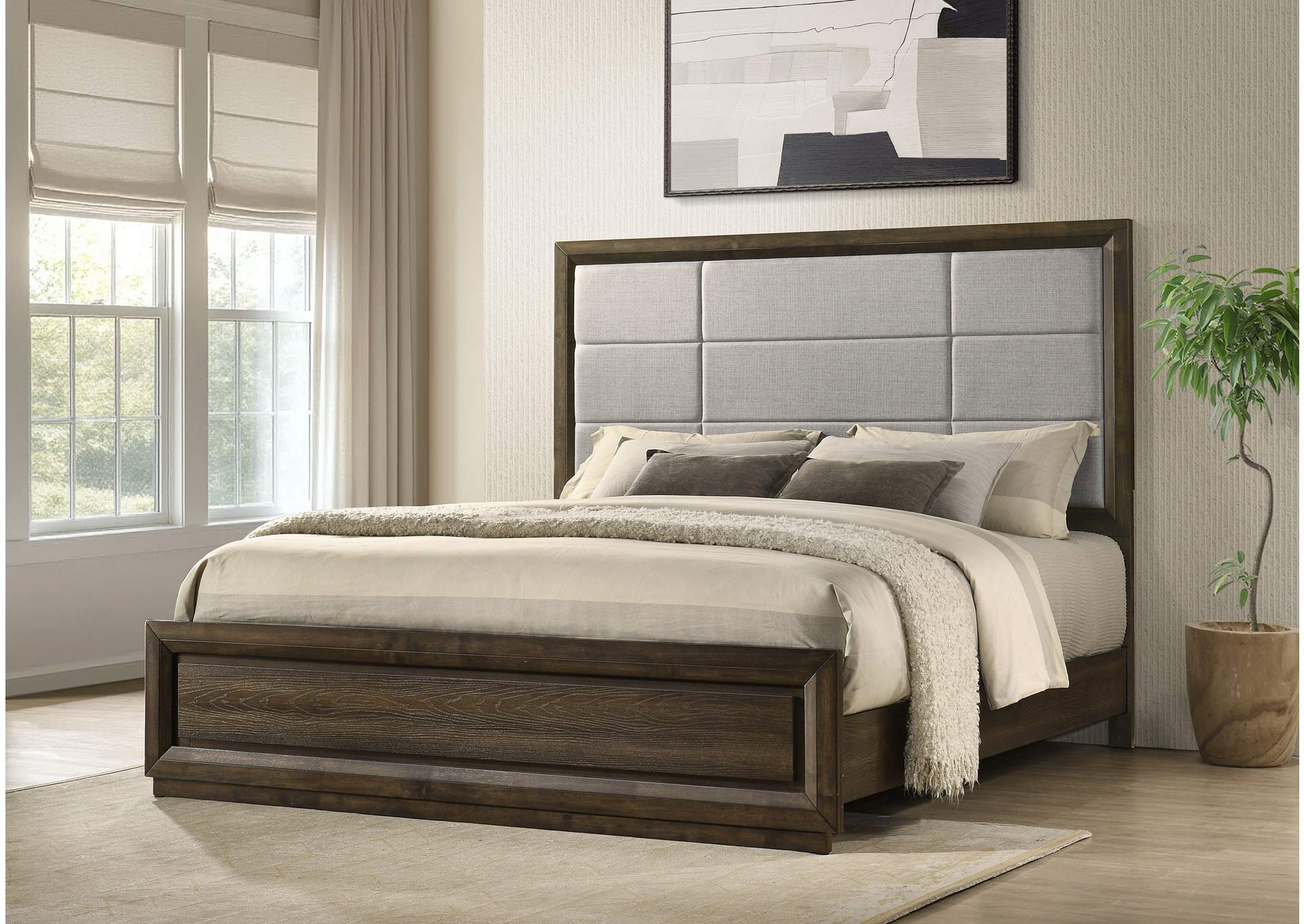 Atlas 63-inch Eastern King Upholstered Panel Bed Grey and Dark Oak image 3
