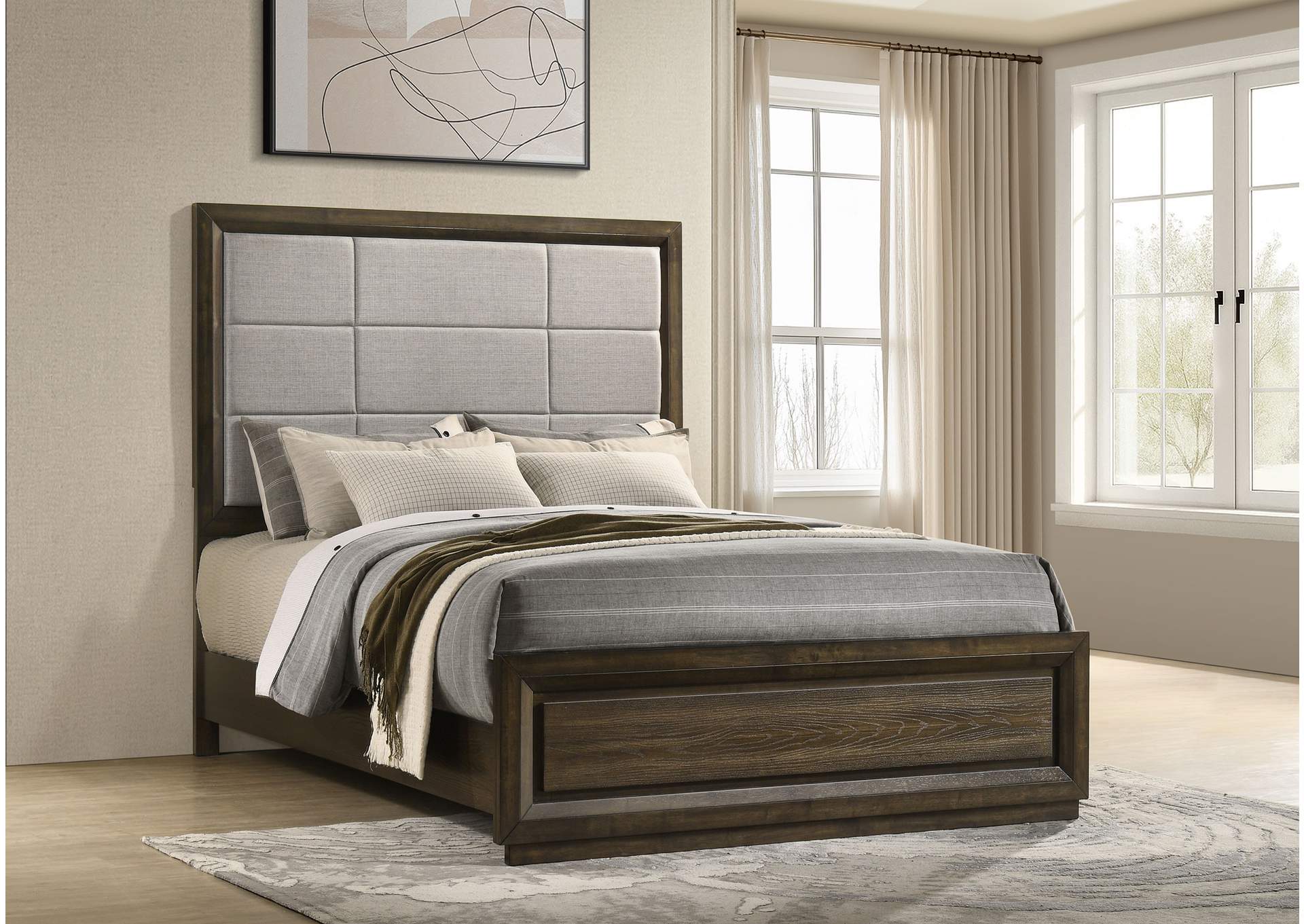 Atlas 64-inch Queen Upholstered Panel Bed Grey and Dark Oak image 3