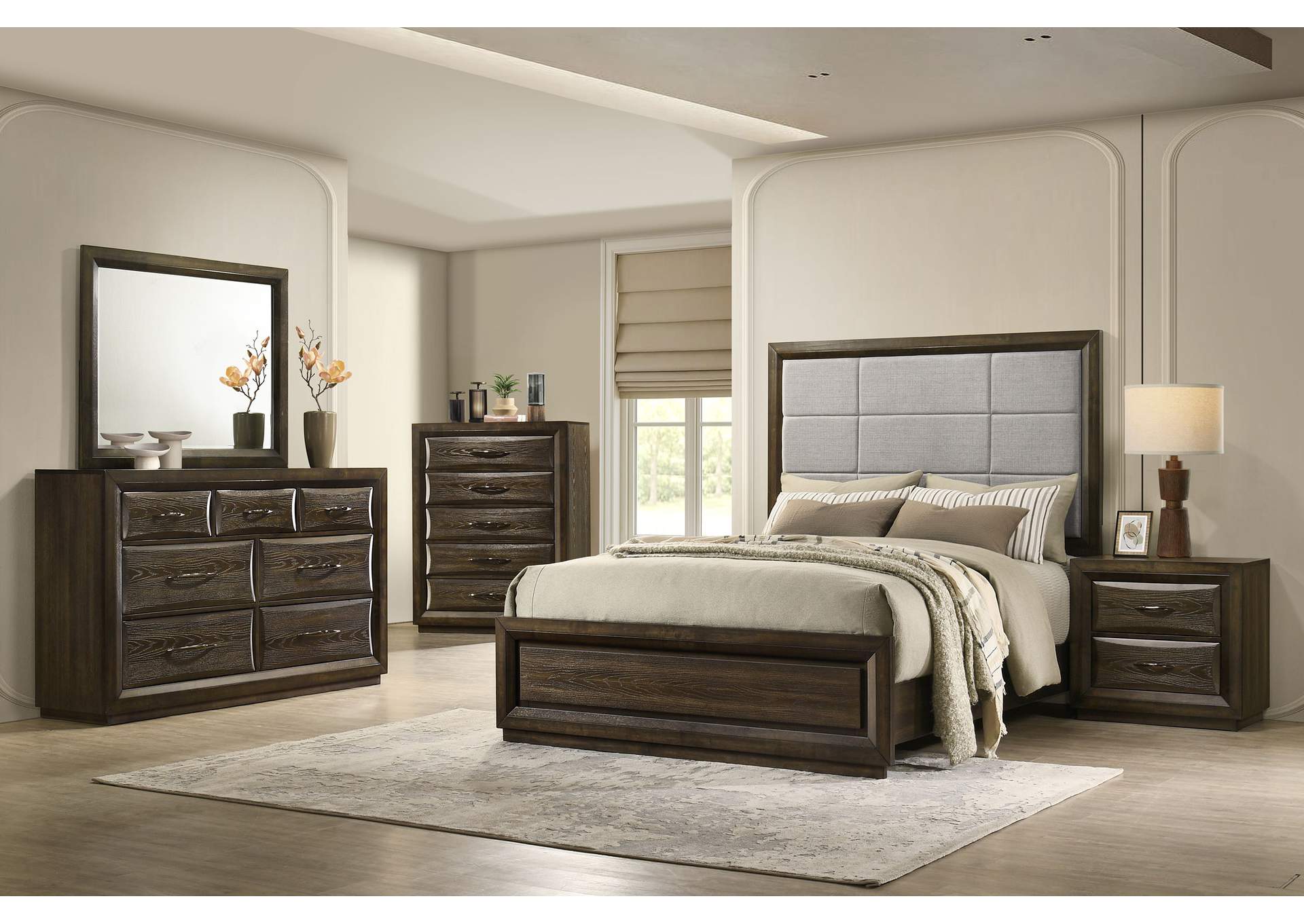 Atlas 64-inch Queen Upholstered Panel Bed Grey and Dark Oak image 13
