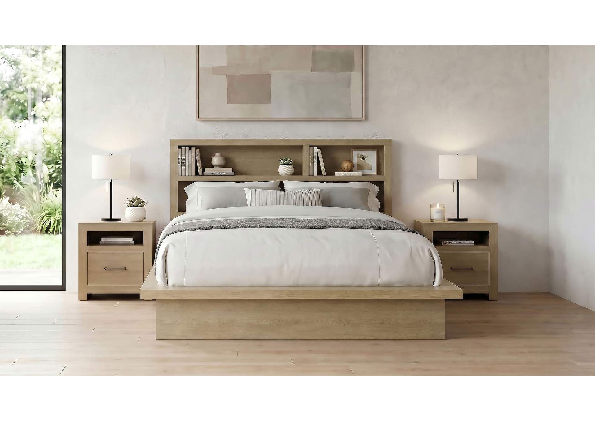 Hendricks Eastern King Bookcase Headboard Platform Bed Light Oak image 11