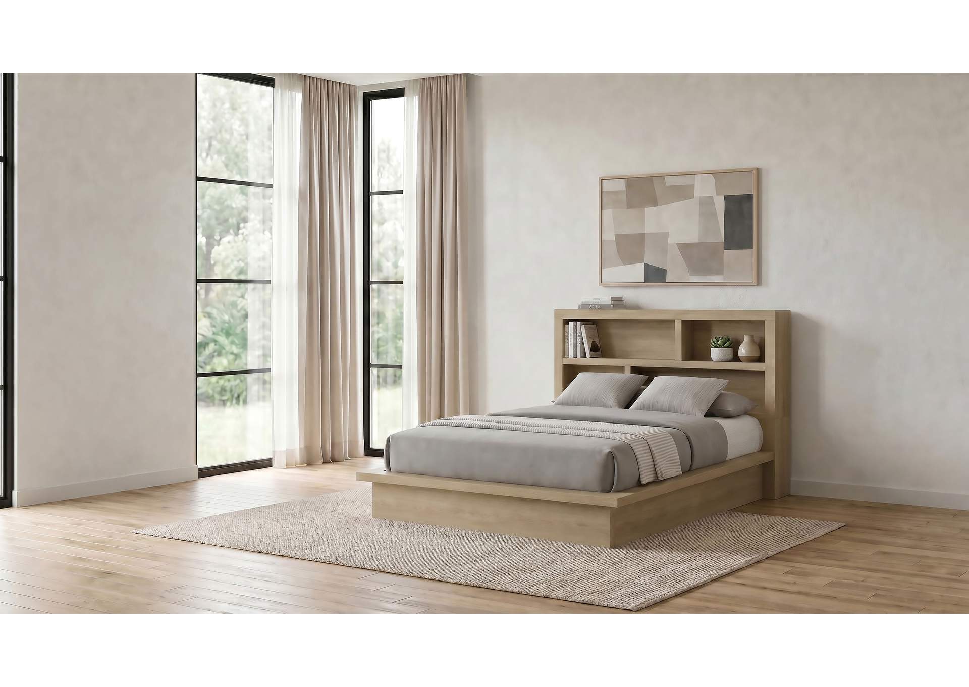Hendricks Queen Bookcase Headboard Platform Bed Light Oak image 3