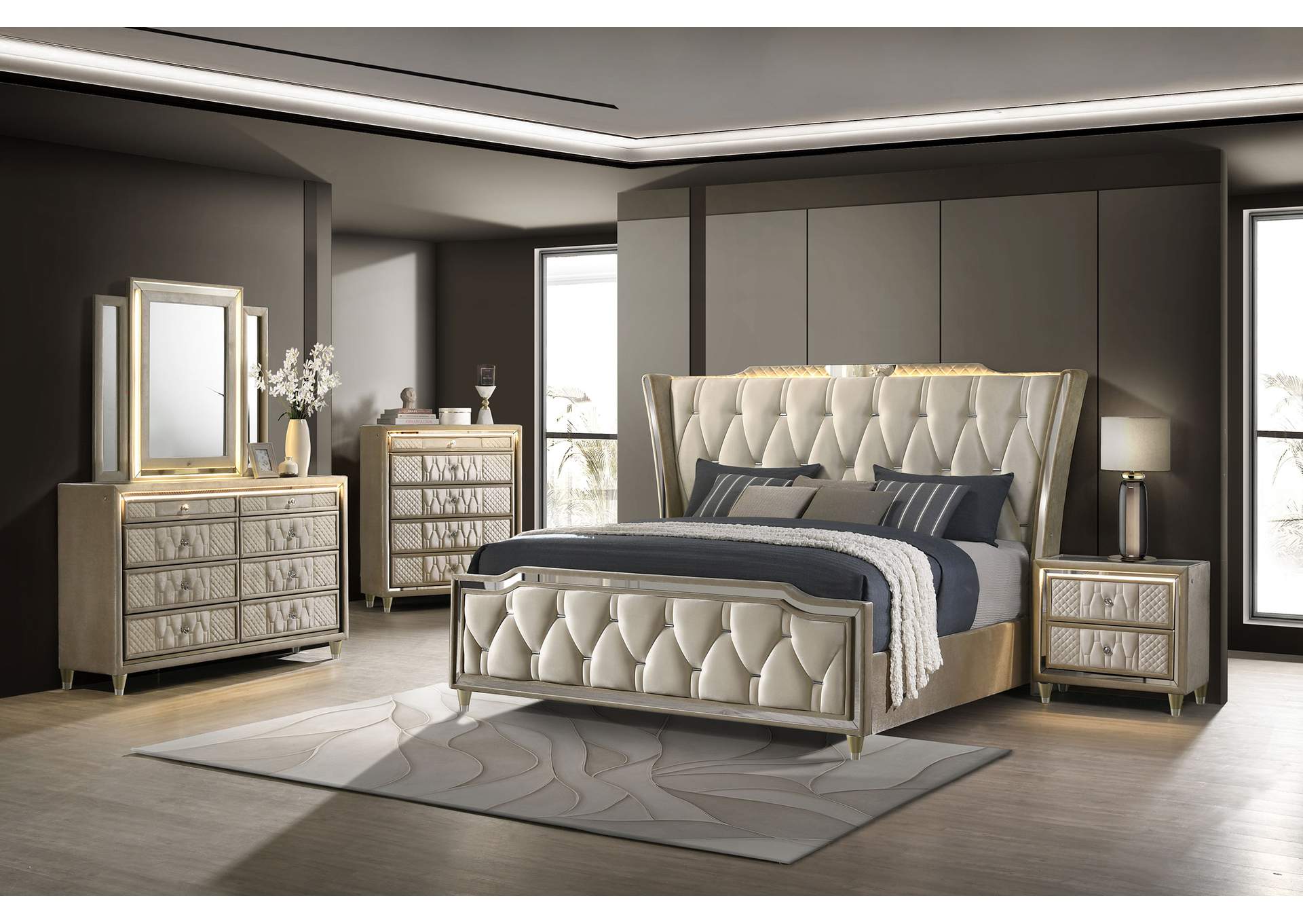 Lorient California King LED Upholstered Bed Ivory and Camel image 13
