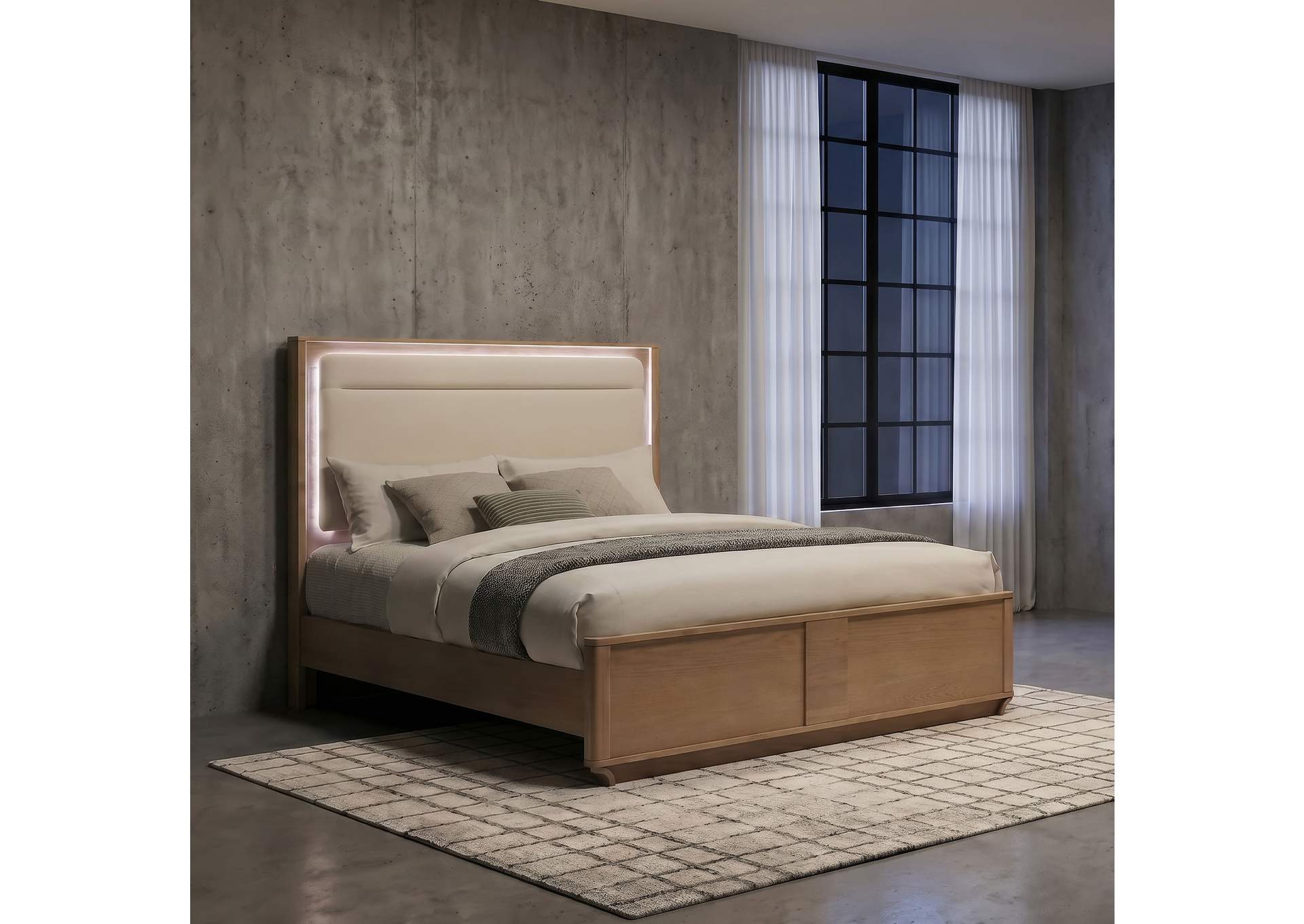 Leanne Eastern King LED Panel Bed Off White and Light Oak image 3