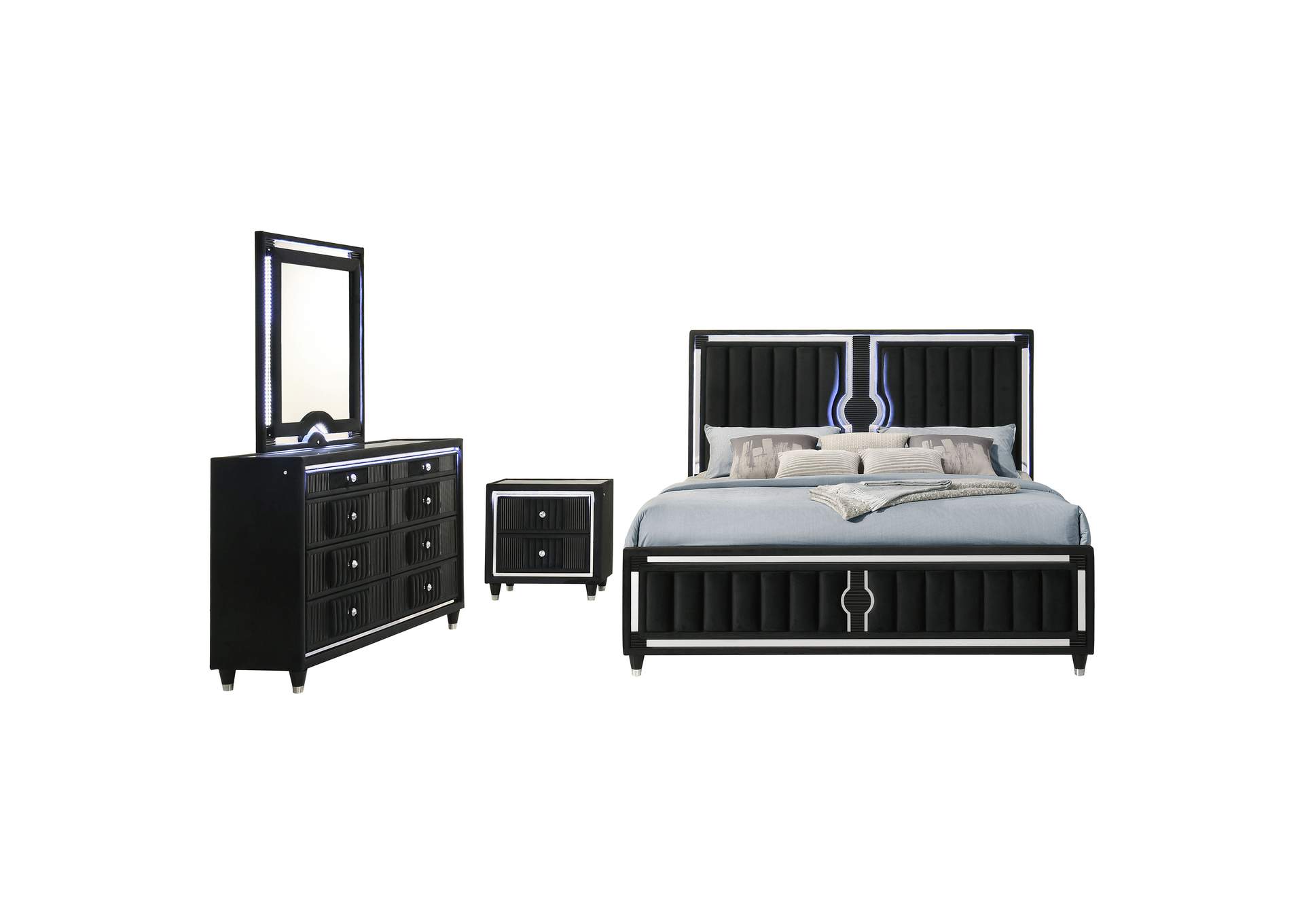 Ravenne 4-piece Velvet Upholstered Eastern King LED Bedroom Set Black image 21