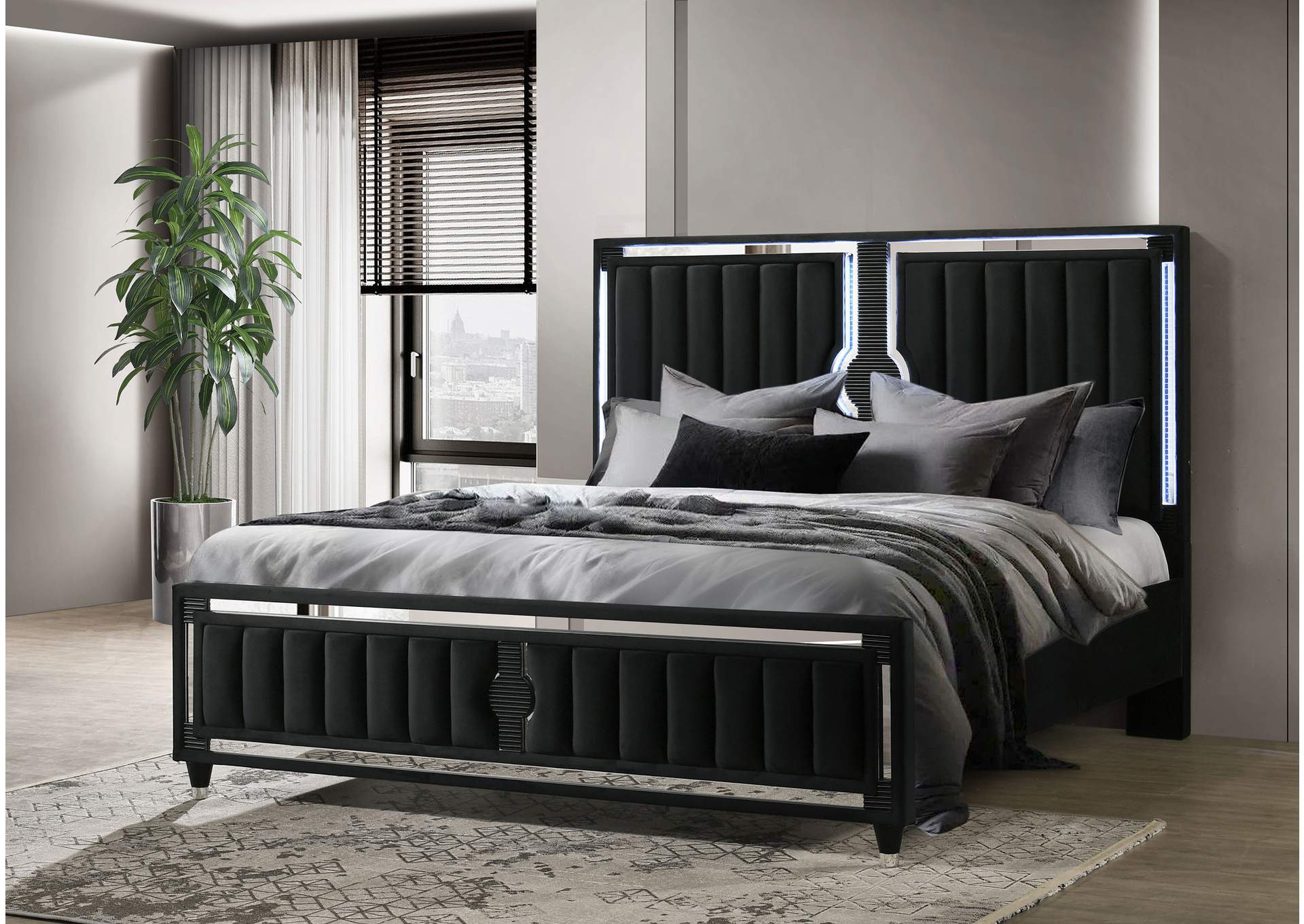 Ravenne Velvet Upholstered Eastern King LED Panel Bed Black image 3