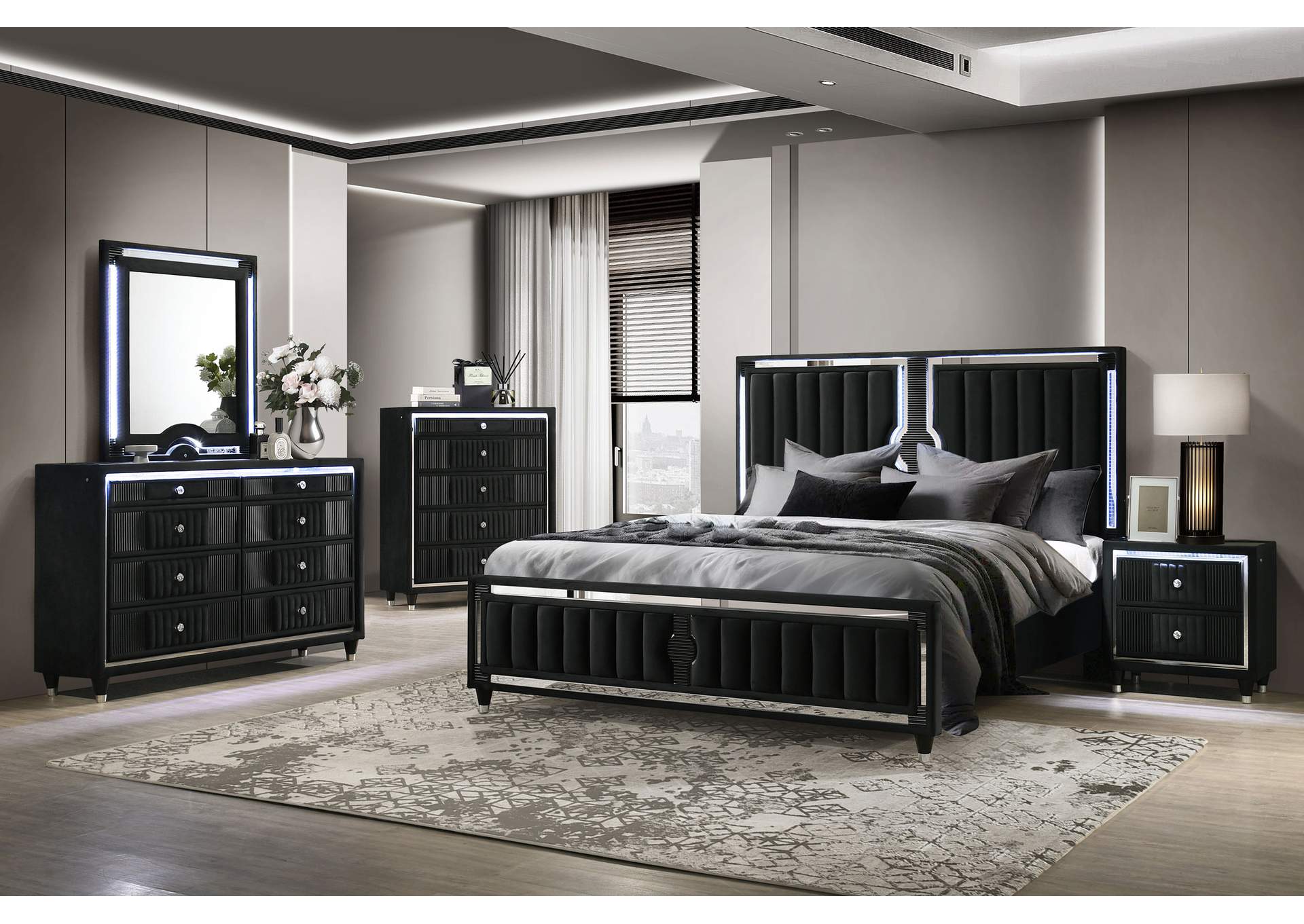 Ravenne Velvet Upholstered California King LED Panel Bed Black image 11