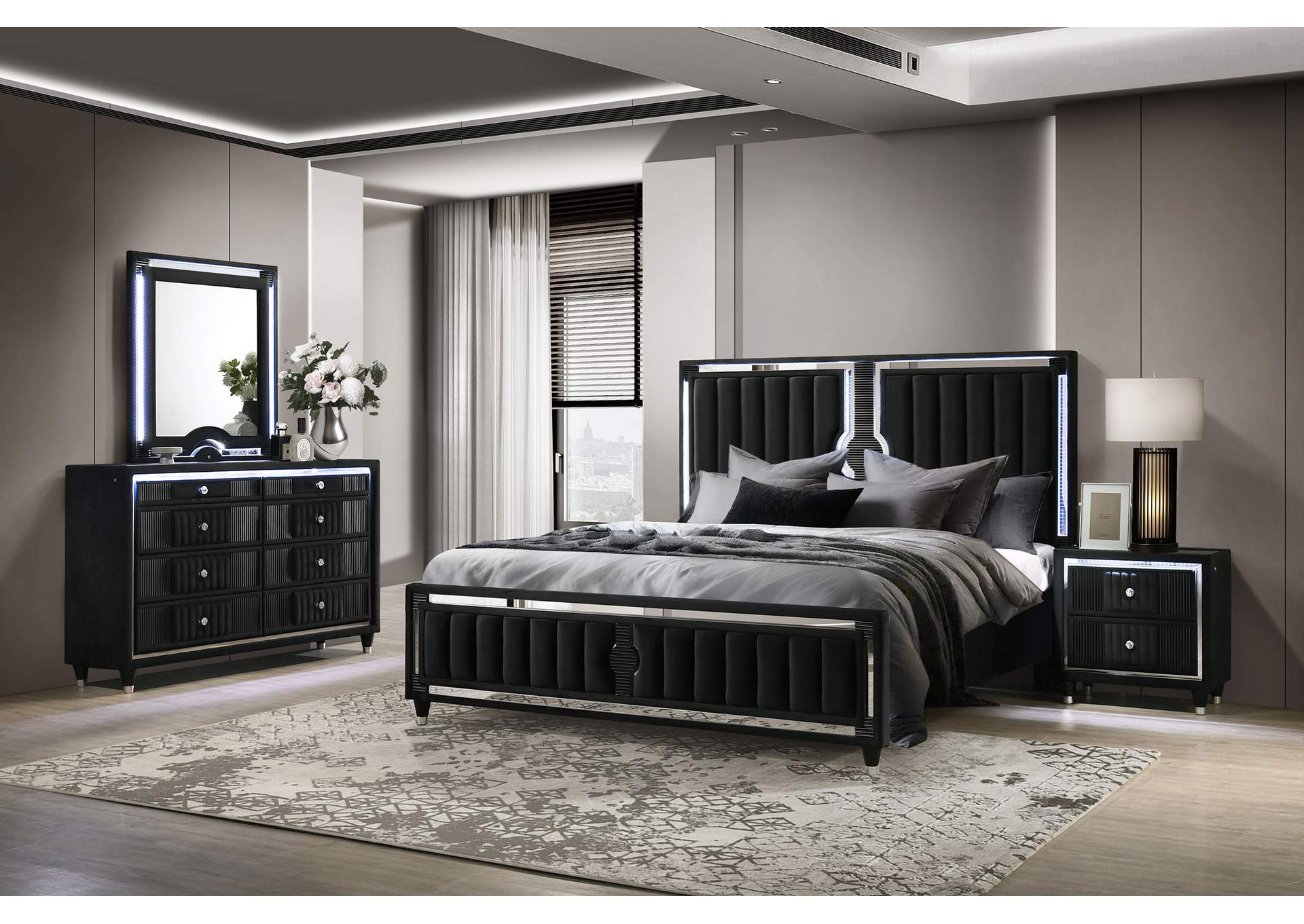 Ravenne 4-piece Velvet Upholstered Queen LED Bedroom Set Black image 1