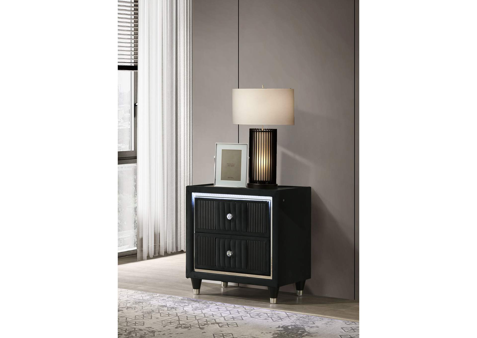 Ravenne 2-drawer Velvet Upholstered LED Nightstand with USB Black image 3