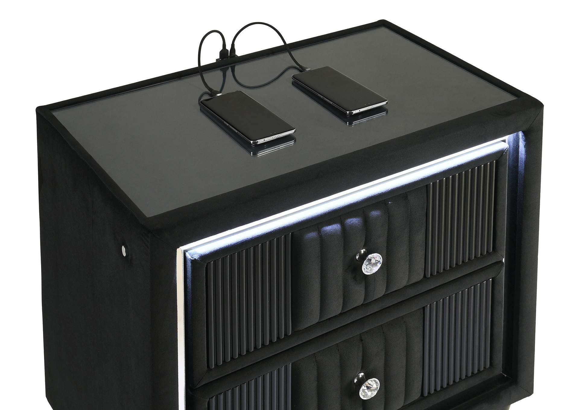 Ravenne 2-drawer Velvet Upholstered LED Nightstand with USB Black image 12