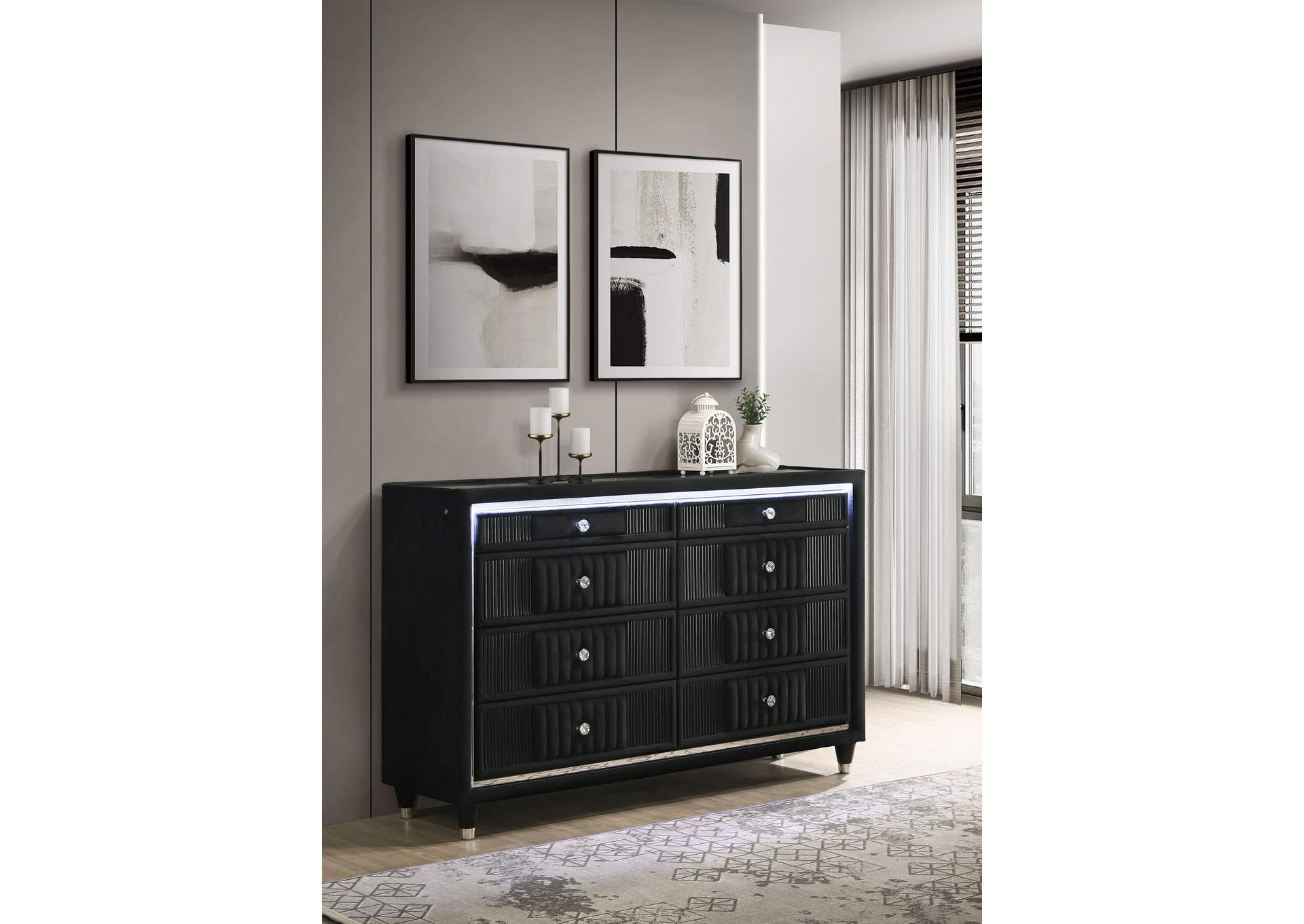 Ravenne 8-drawer Velvet Upholstered LED Dresser Cabinet Black image 3
