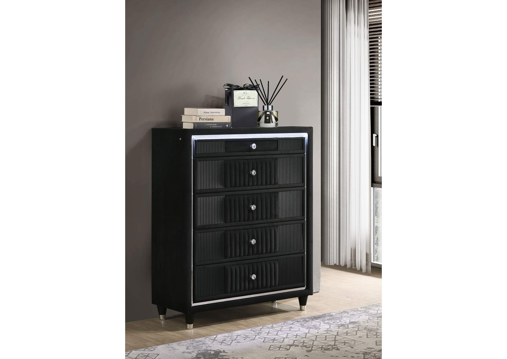 Ravenne 5-drawer Velvet Upholstered LED Chest of Drawers Black image 3