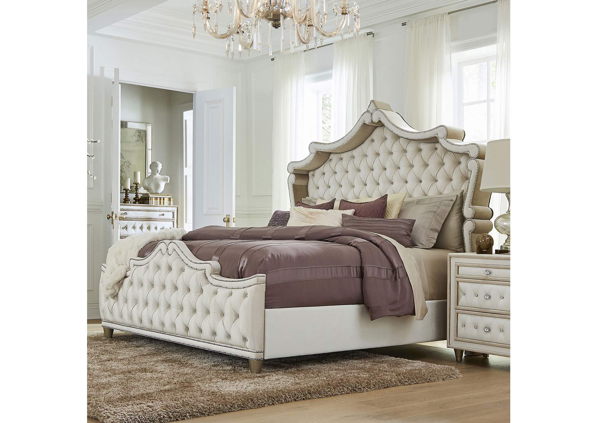Antonella Upholstered Tufted California King Bed Ivory and Camel