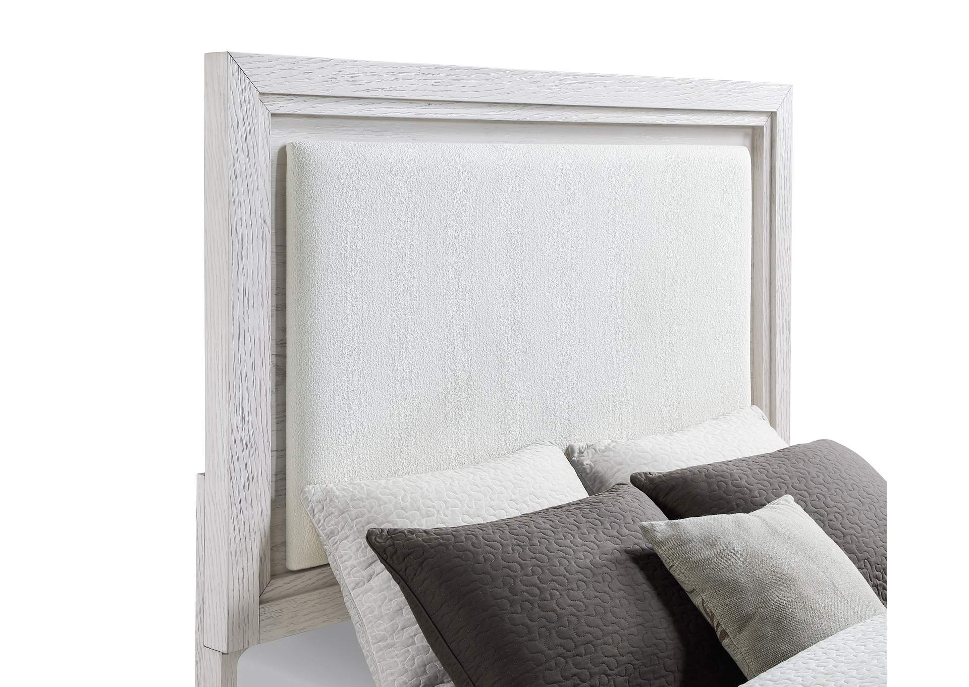 Marielle Queen Upholstered LED Panel Bed Distressed White