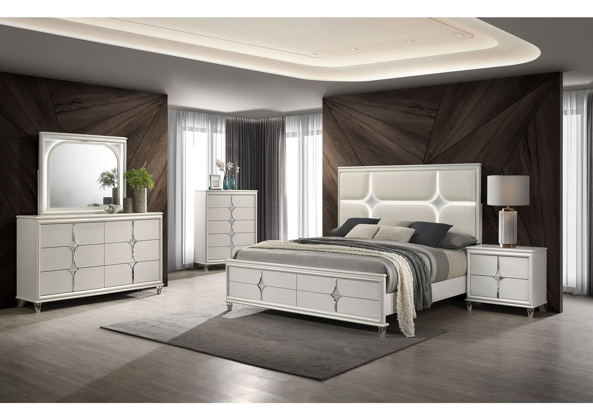 Olivia Eastern King Panel Bed LED Headboard Pearl White